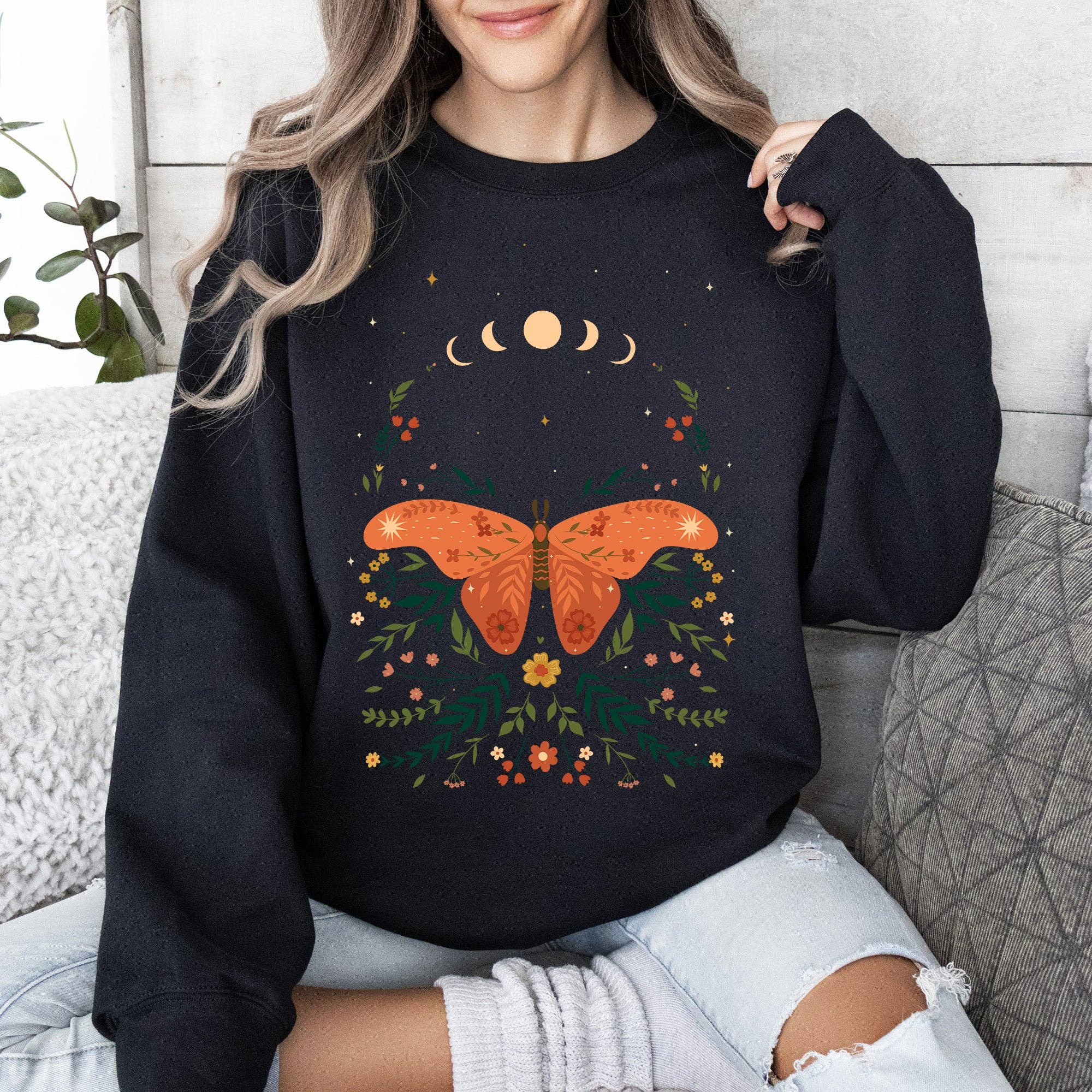Celestial Garden Tale, Moth, Moon, and Flowers Sweatshirt T-Shirts, Hoodie | PodTeesHub.com