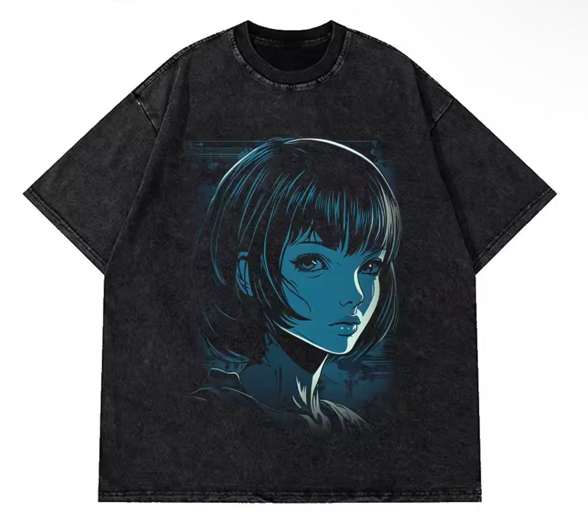 Japanese Brand Y2k Vintage Gothic Blue Girl Face Print Washed T Shirt Hoodie, Sweatshirt | PodTeesHub.com