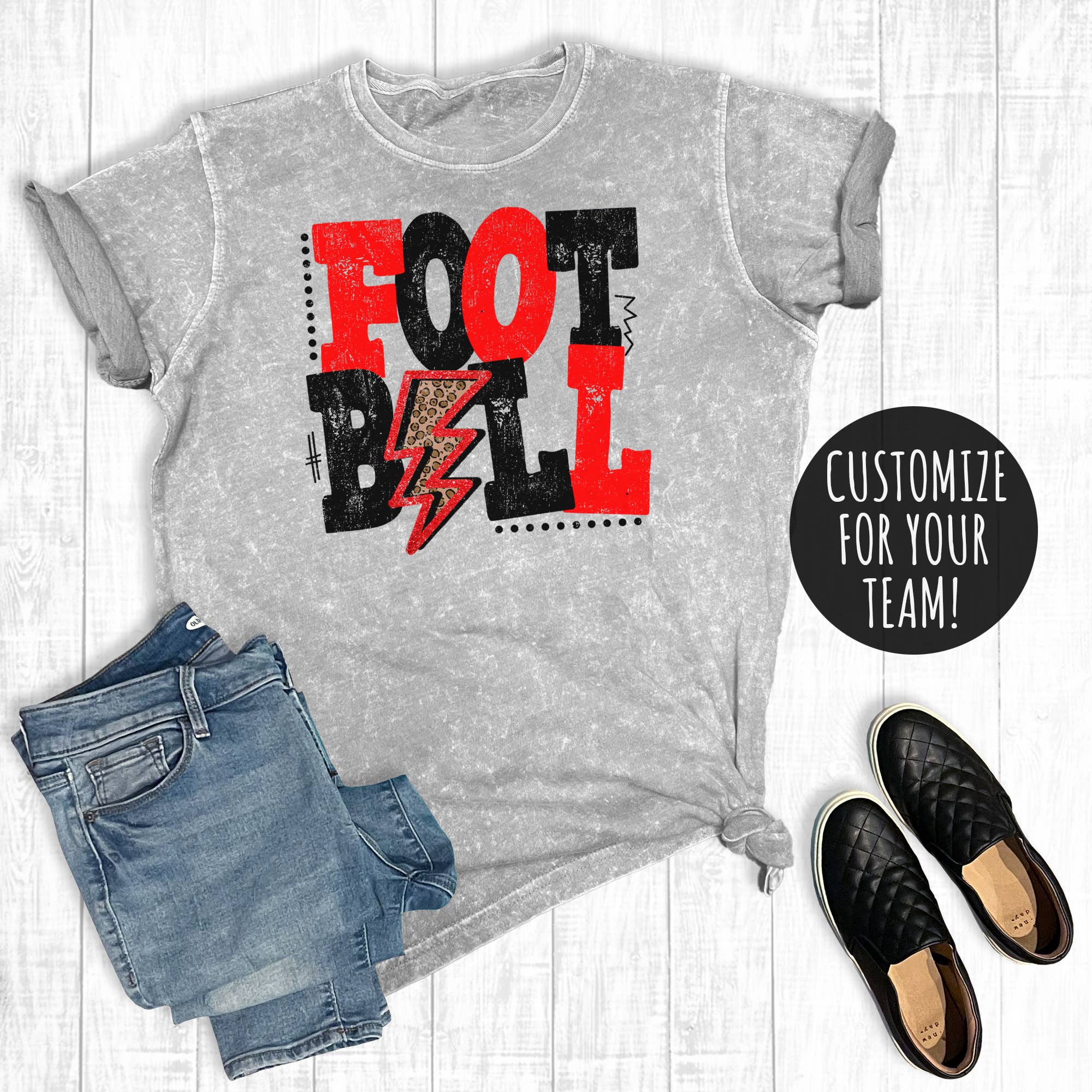 Custom Leopard Bolt Football Team Color Mineral Wash Tee Hoodie, Sweatshirt | PodTeesHub.com