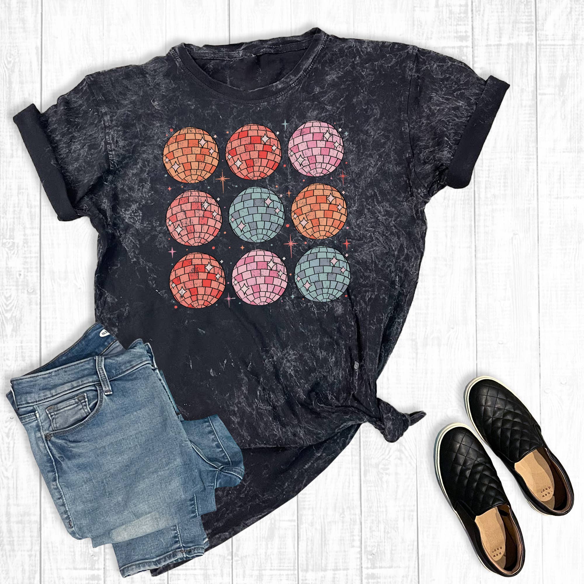 New Years 2024 Disco Balls Mineral Wash Graphic Tee Hoodie, Sweatshirt | PodTeesHub.com
