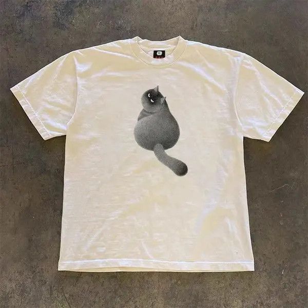 Japanese Brand Vibe Cat Pattern Casual Street Retro Cotton T Shirt Hoodie, Sweatshirt | PodTeesHub.com