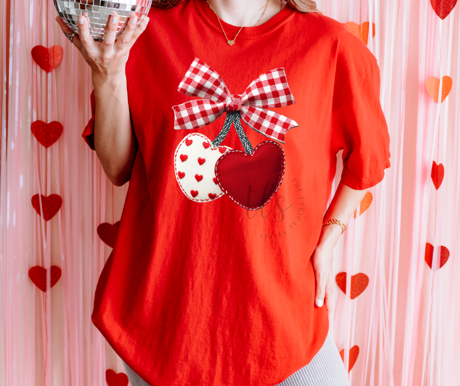 Patchwork Cherry Hearts Valentine's Comfort Colors T-Shirt Hoodie, Sweatshirt | PodTeesHub.com