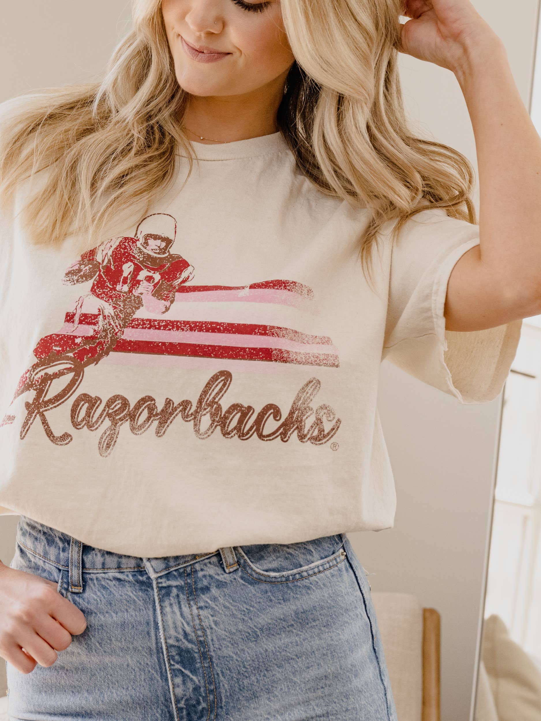 Arkansas Razorbacks Mono Qb Off White Thrifted Tee Hoodie, Sweatshirt | PodTeesHub.com