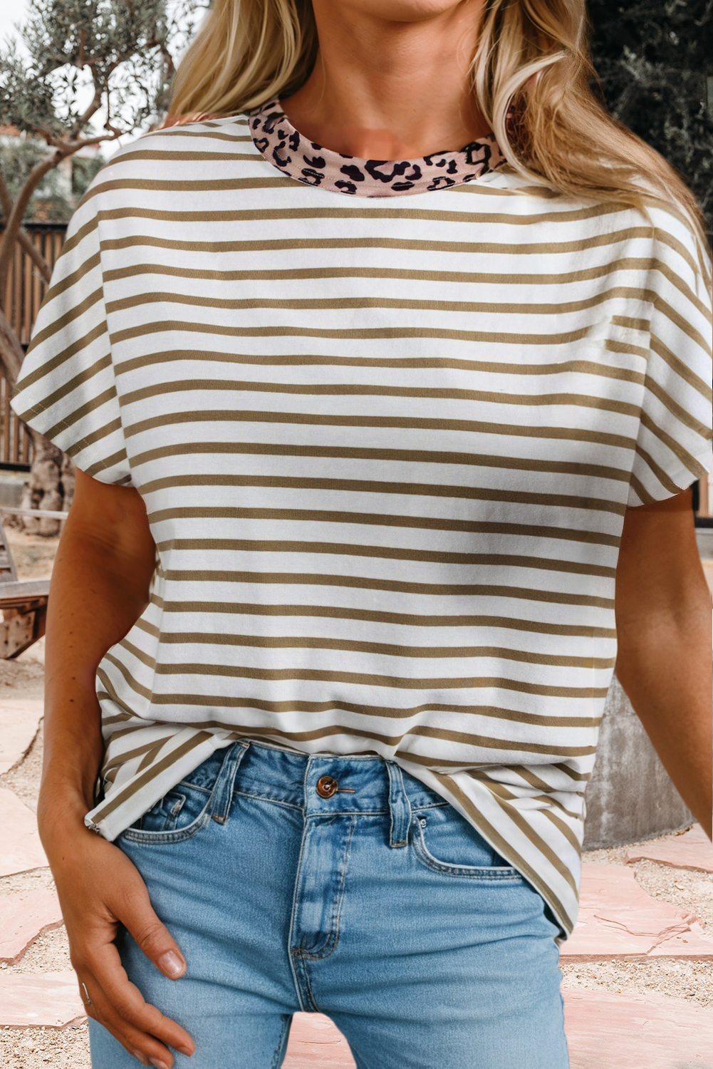 Stripe Leopard Patchwork Round Neck Loose T Shirt (S-Xl) Hoodie, Sweatshirt | PodTeesHub.com