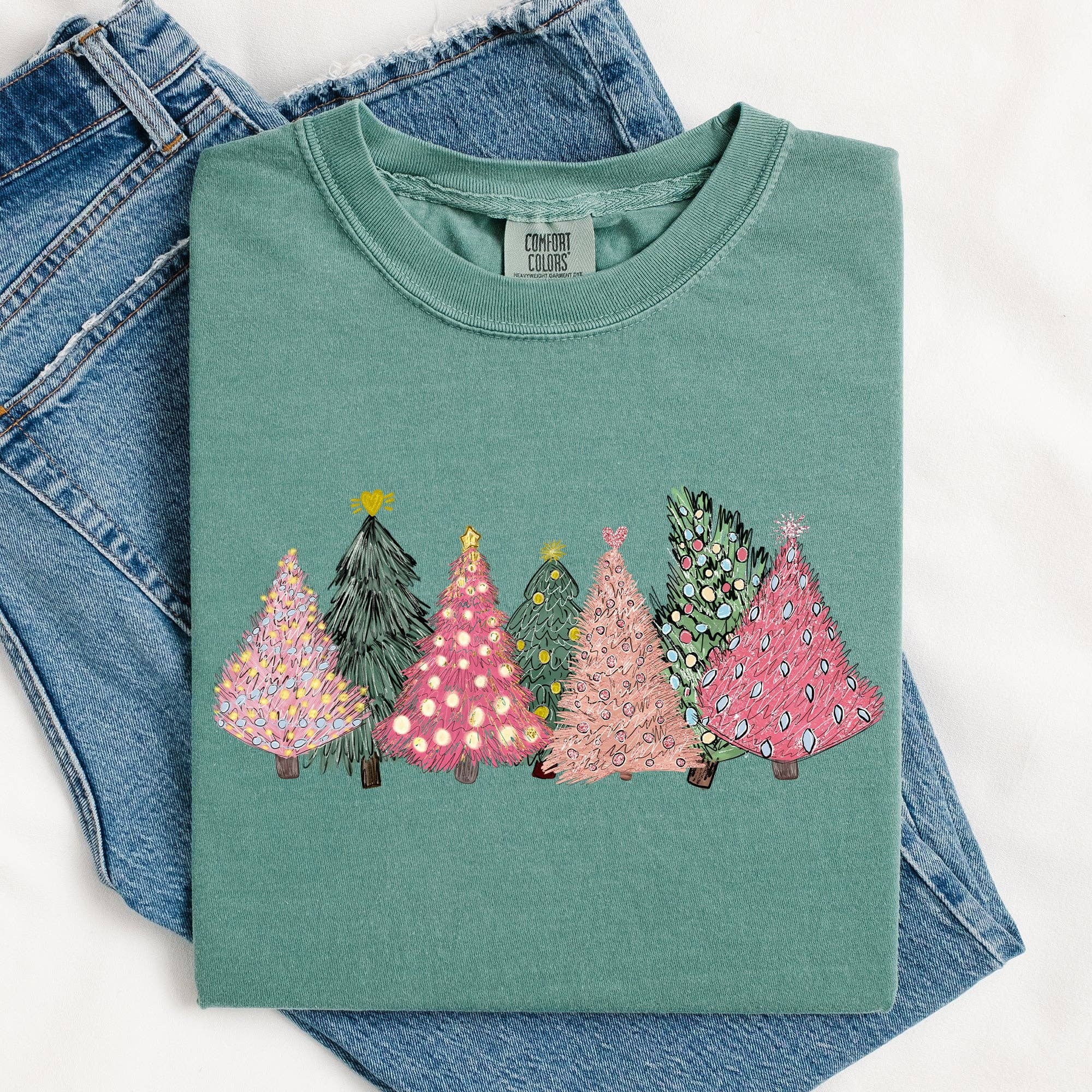 Sketched Christmas Trees Christmas Heart Vibrant Xmas Tshirt Hoodie, Sweatshirt | PodTeesHub.com