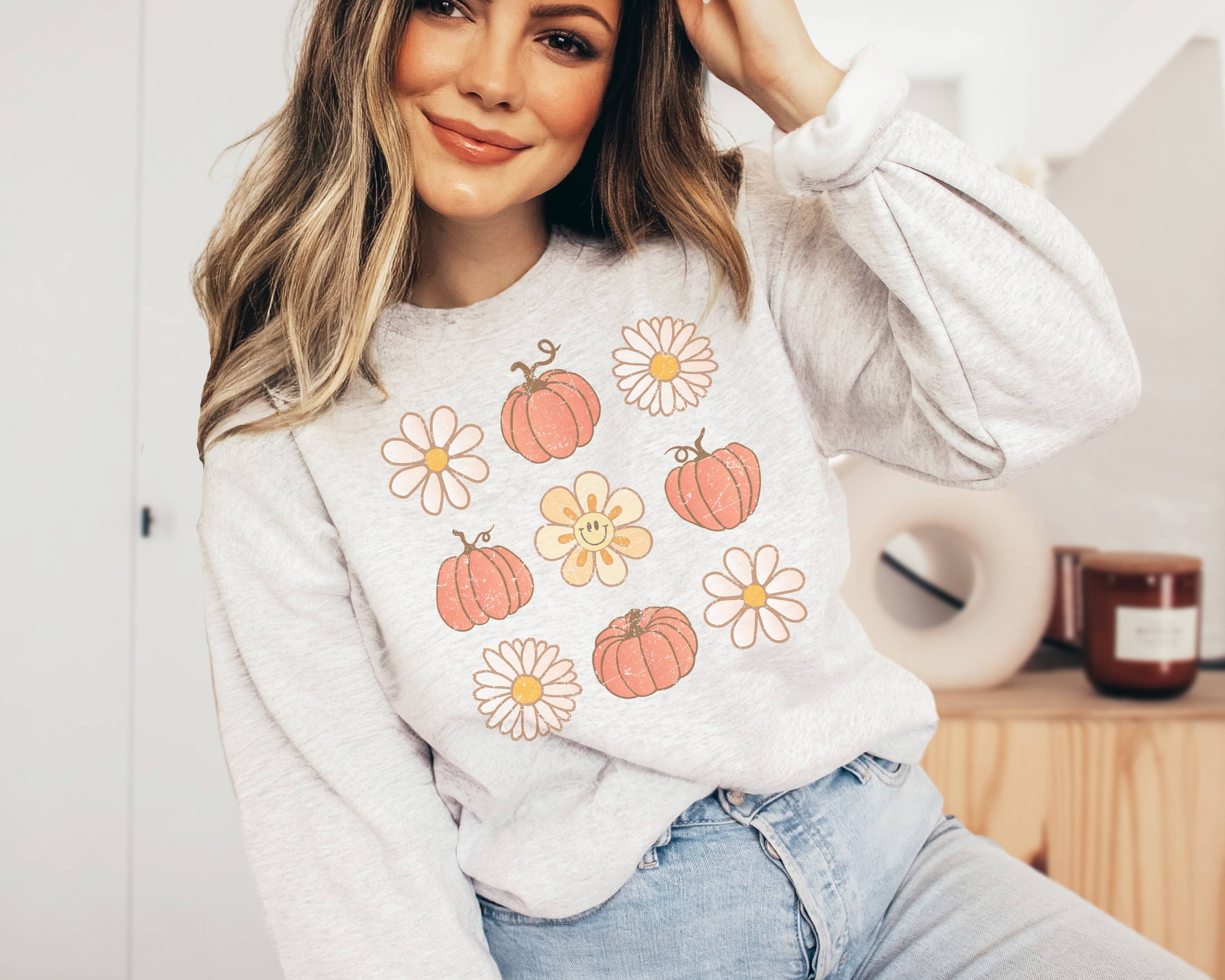Vintage Pumpkins and Flowers Crew Neck Sweatshirt T-Shirts, Hoodie | PodTeesHub.com