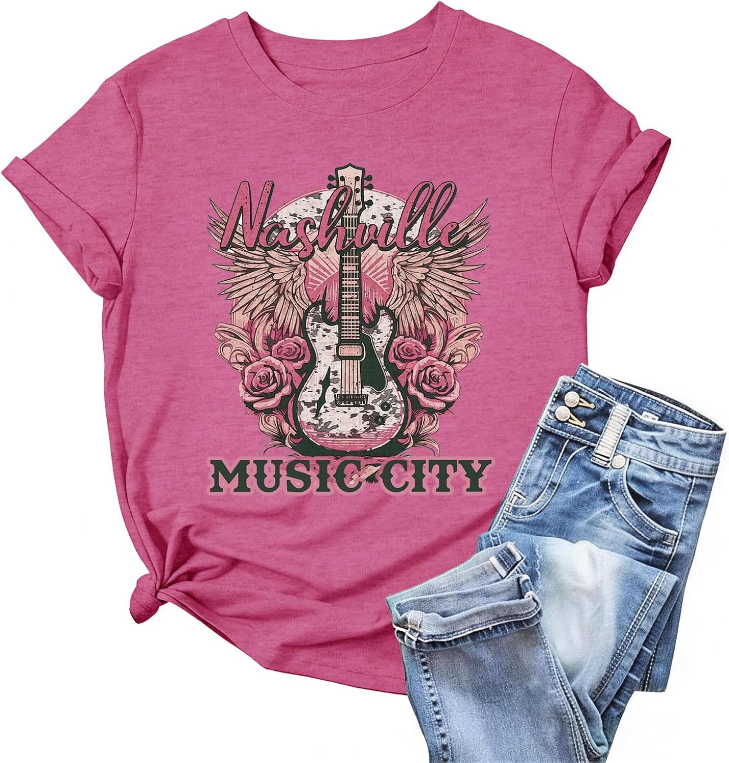 Nashville Country Concert Tops Vintage Rock and Roll Band Tshirts for Women Music City Guitar Eagle Wings Graphic Tees