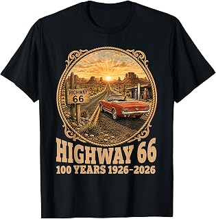 Highway 66 100 Years 1926-2026 Classic Car Lover Men Women T-Shirt