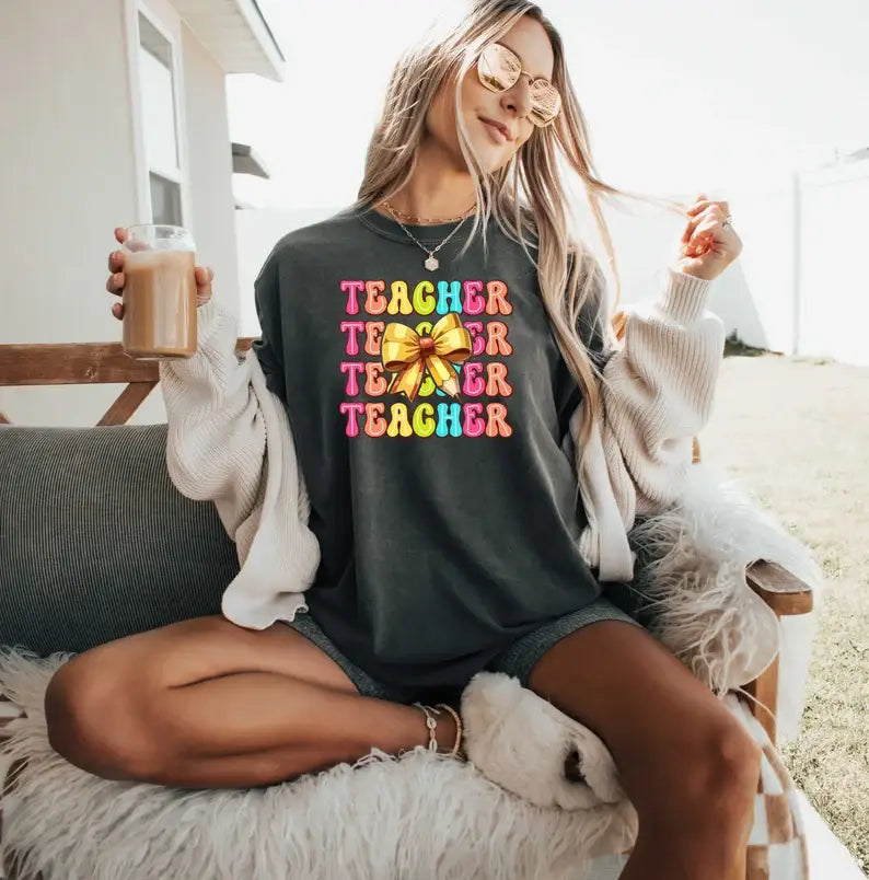 Teacher Coquette Ribbon T-Shirt Hoodie, Sweatshirt | PodTeesHub.com
