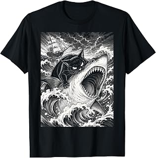 Black Cat Biting Shark Anime Graphic Tees Men Cool Japanese T-Shirt