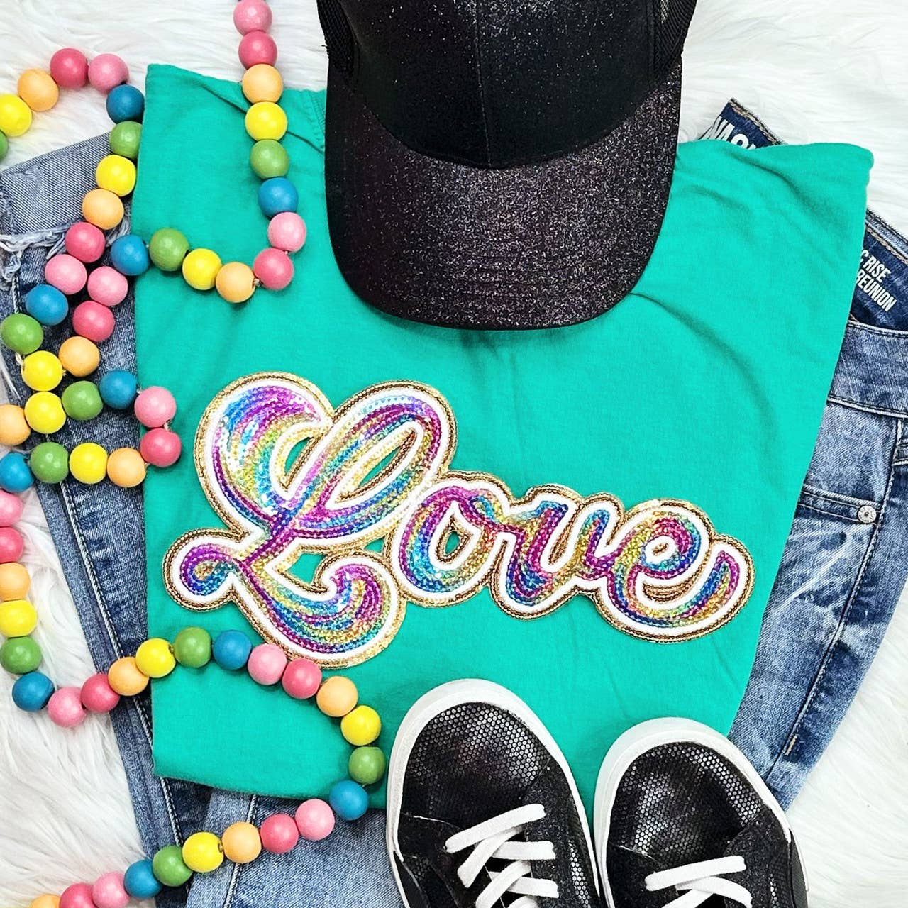Rainbow Love Sequins Patch Pigment Dyed Tee Hoodie, Sweatshirt | PodTeesHub.com