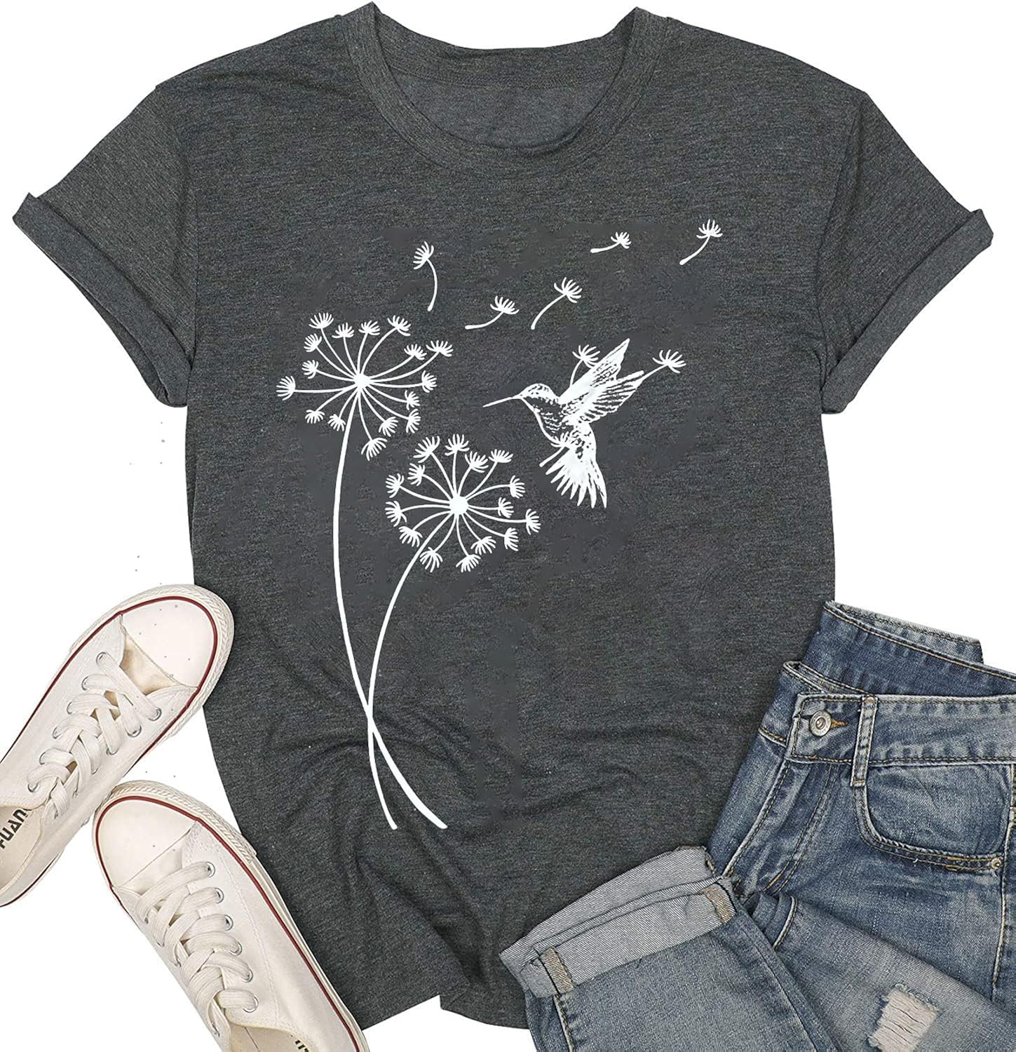 Women's Dandelion T Shirts Cute Wildflower Graphic Tees Funny Nature Bird Print Summer Casual Short Sleeve Tee Tops