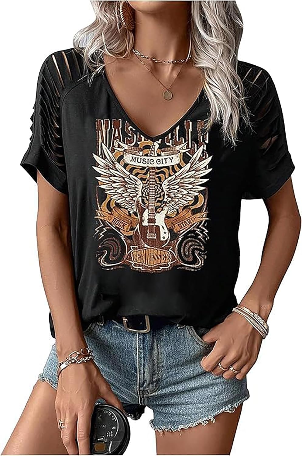 Rock and Roll Shirt Women Casual Country Music Tshirt Classic Rock Concert Outfits Vintage Nashville Graphic Tee Top