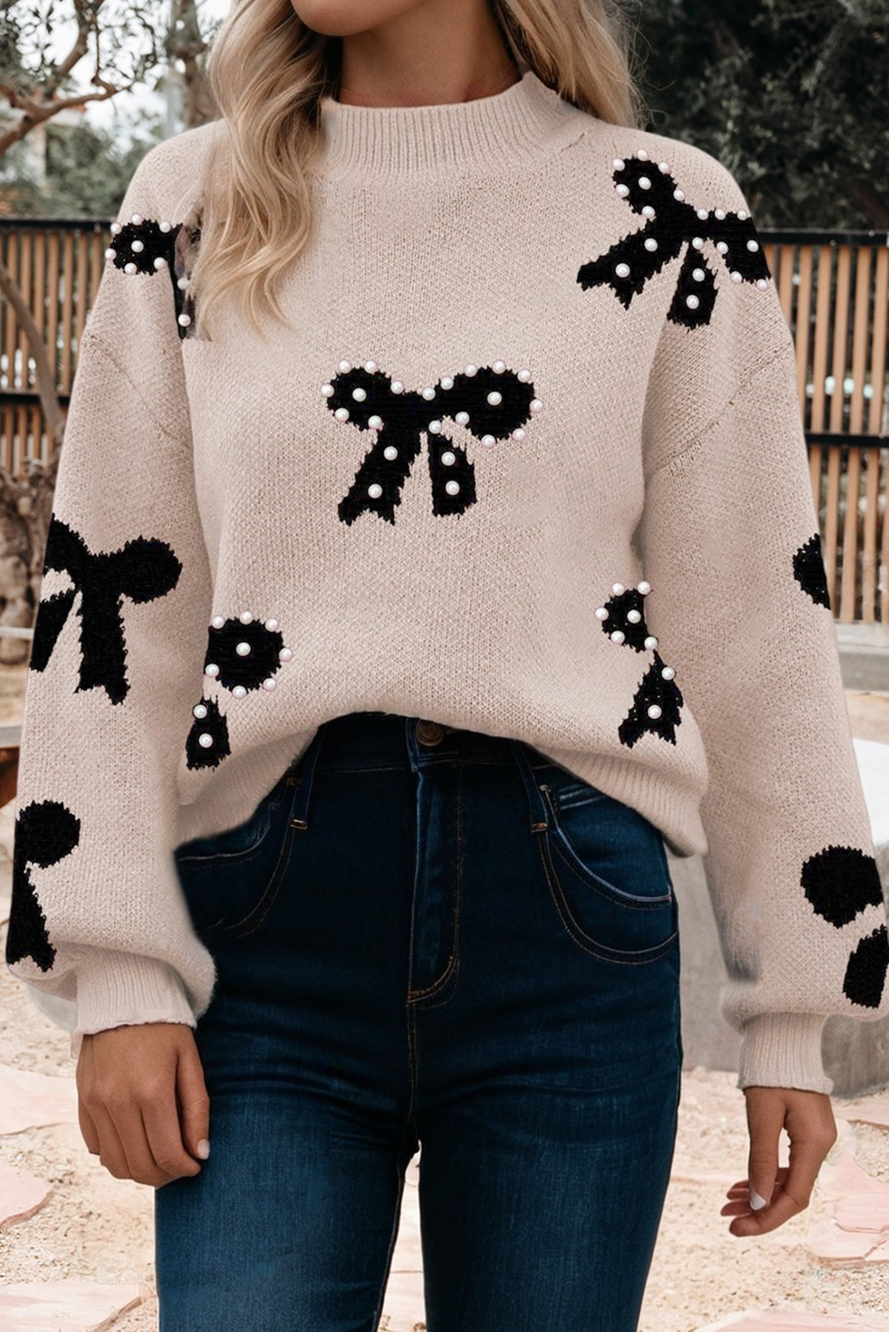 Pearl Embellished Bow Pattern Loose Sweater (S-Xl) T-Shirts, Hoodie, Sweatshirt | PodTeesHub.com