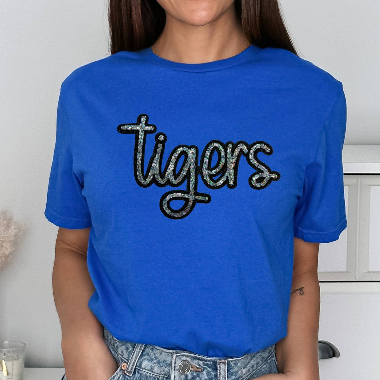Tigers Sequin Patch Royal Everyday Tee Hoodie, Sweatshirt | PodTeesHub.com