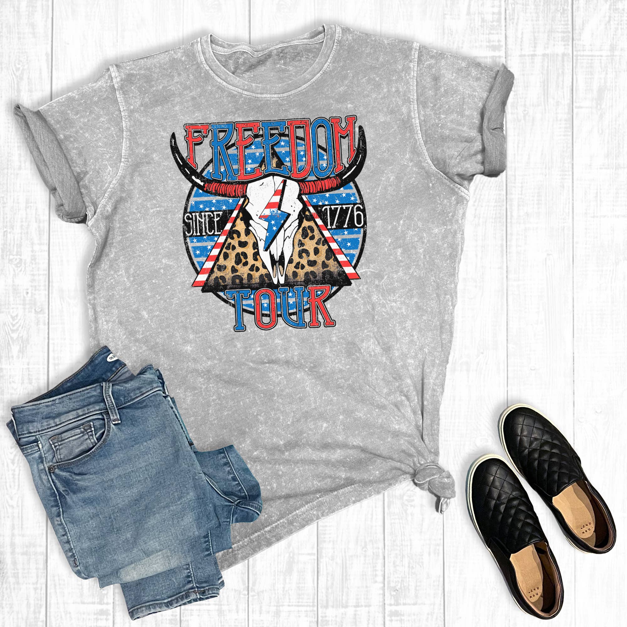 4th of July Freedom Tour Cowskull Mineral Wash Graphic Tee Hoodie, Sweatshirt | PodTeesHub.com