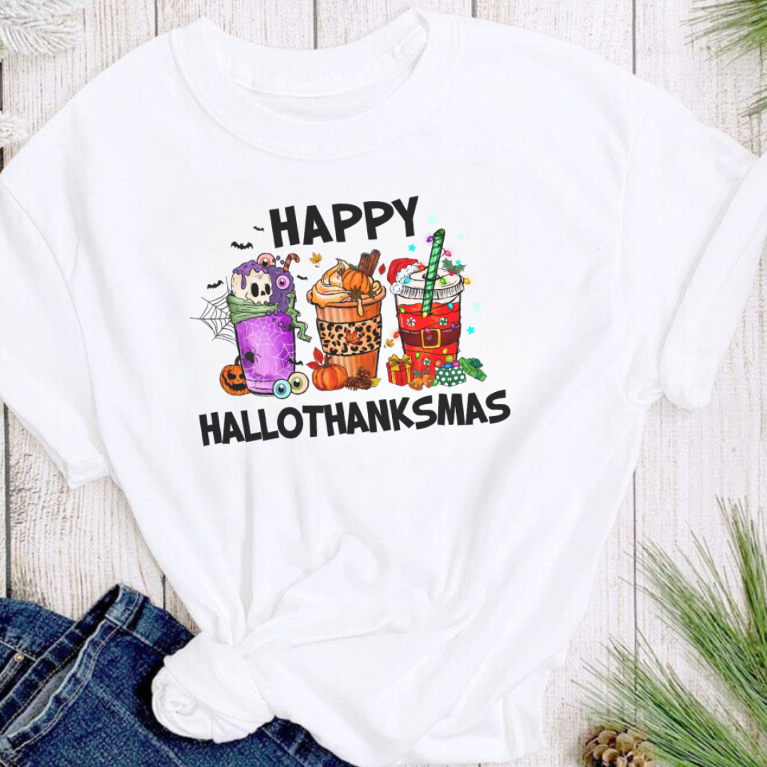 Happy Hallothanksmas Holiday Christmas Graphic Tee Hoodie, Sweatshirt | PodTeesHub.com