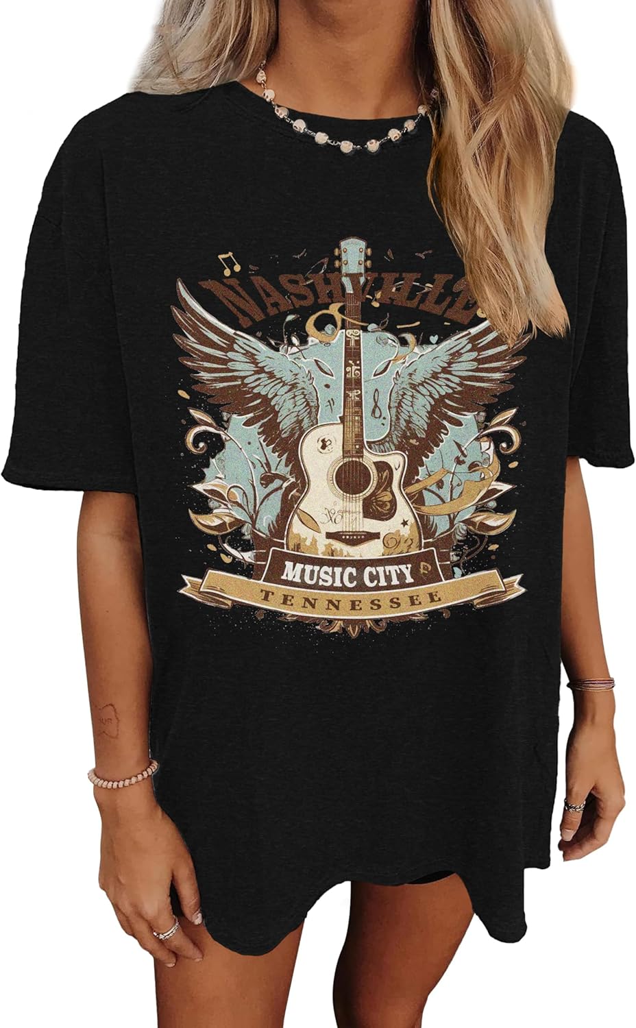 Women's Nashville Country Music City Oversized Graphic T-Shirts Casual Band Tees Short Sleeve Rock Roll Tops