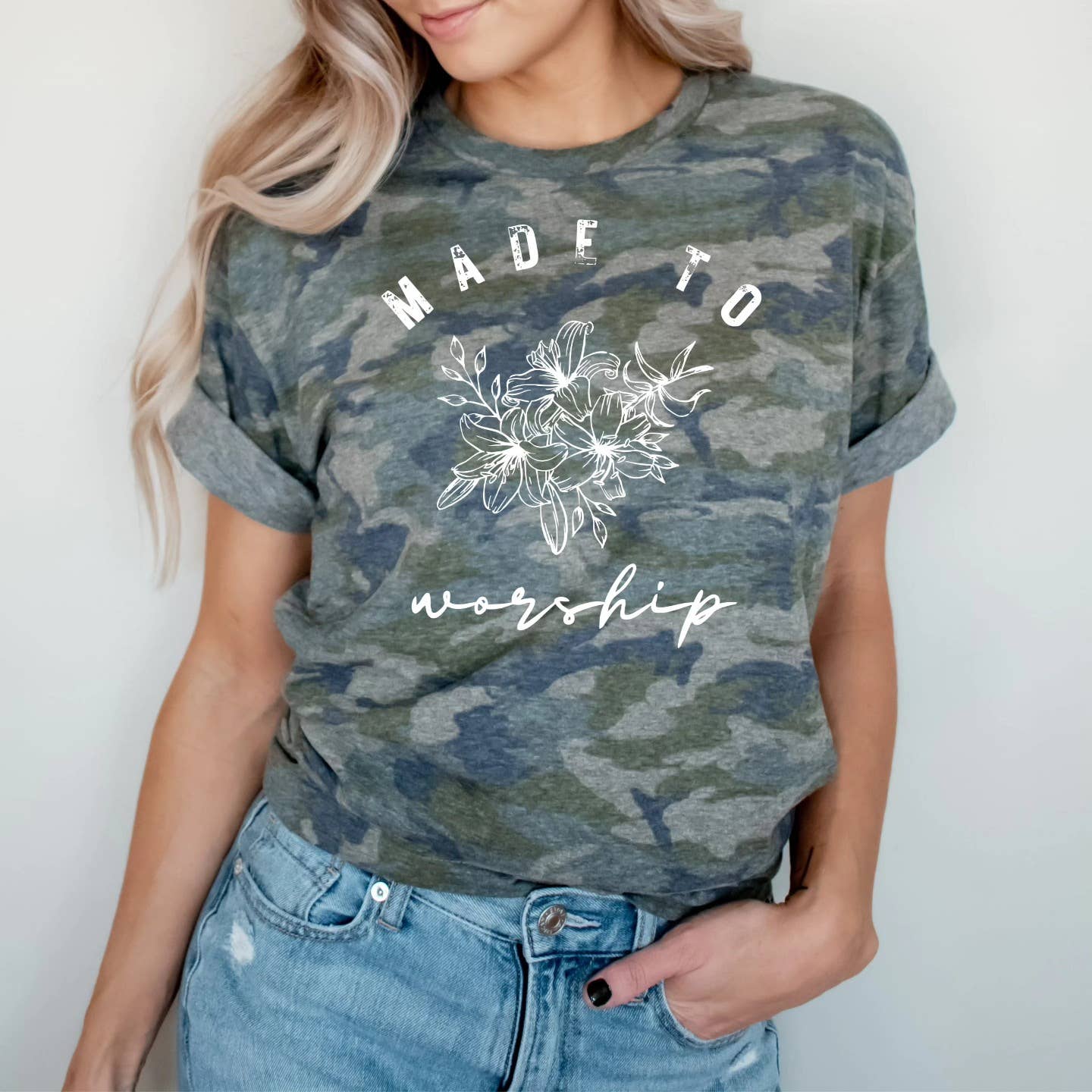 Camo Made To Worship Christian Camo Graphic Tee For Women Hoodie, Sweatshirt | PodTeesHub.com