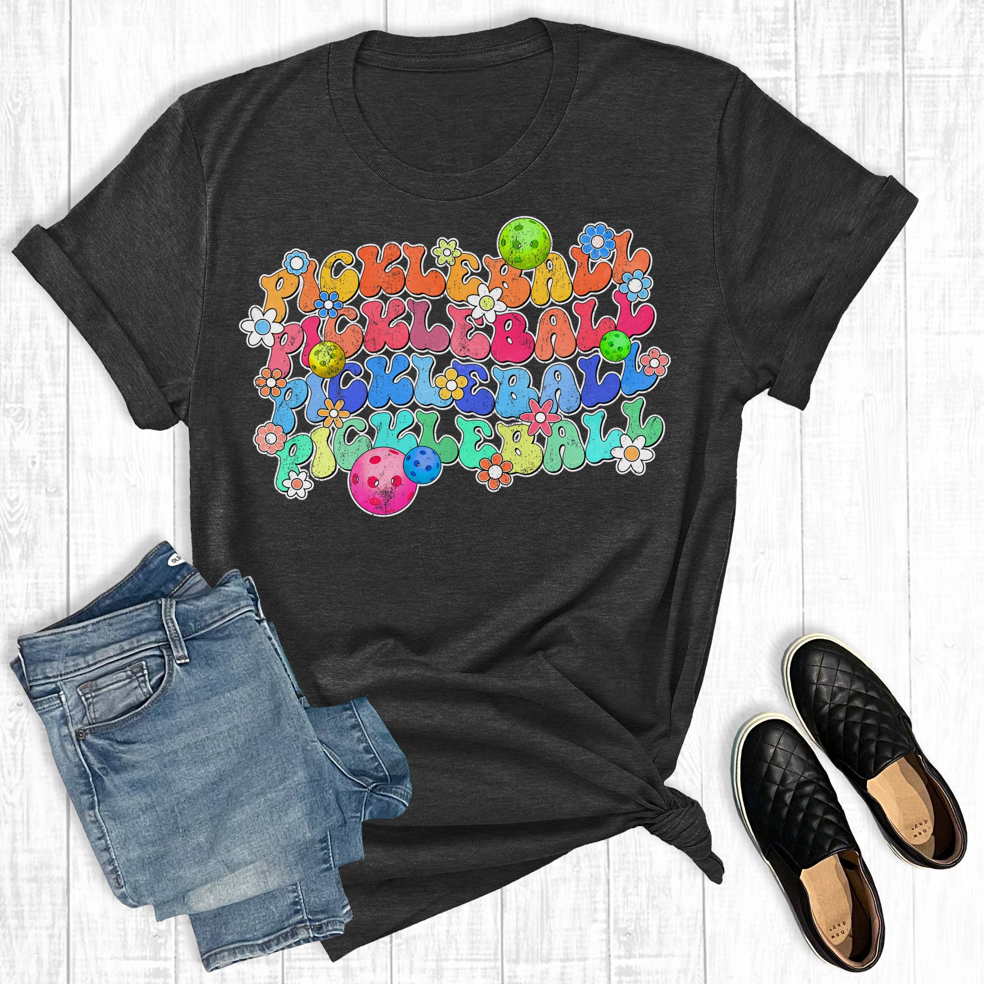 Retro Groovy Floral Pickleball Graphic Tee Hoodie, Sweatshirt | PodTeesHub.com