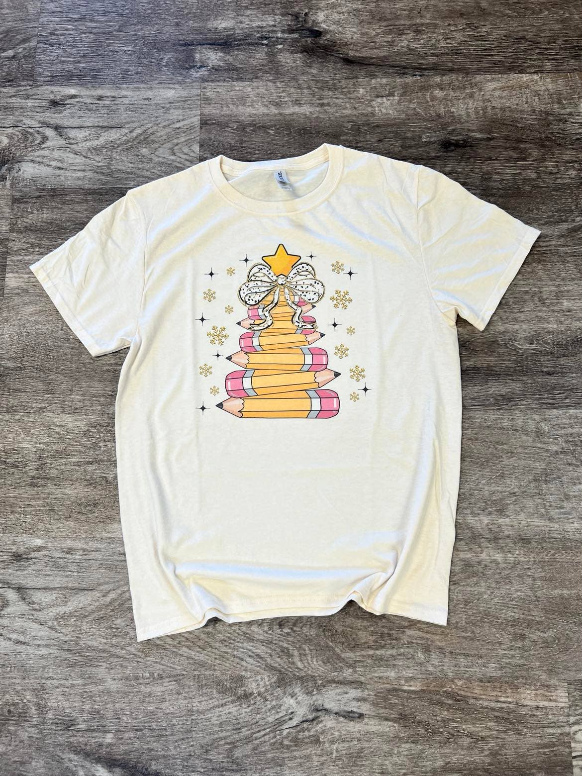 Pencil Christmas Tree with Speckled Bow On Cream Tee Hoodie, Sweatshirt | PodTeesHub.com