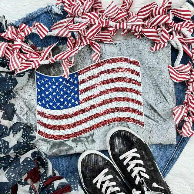 American Flag Sequin Patch Pigment Dyed Tee Hoodie, Sweatshirt | PodTeesHub.com