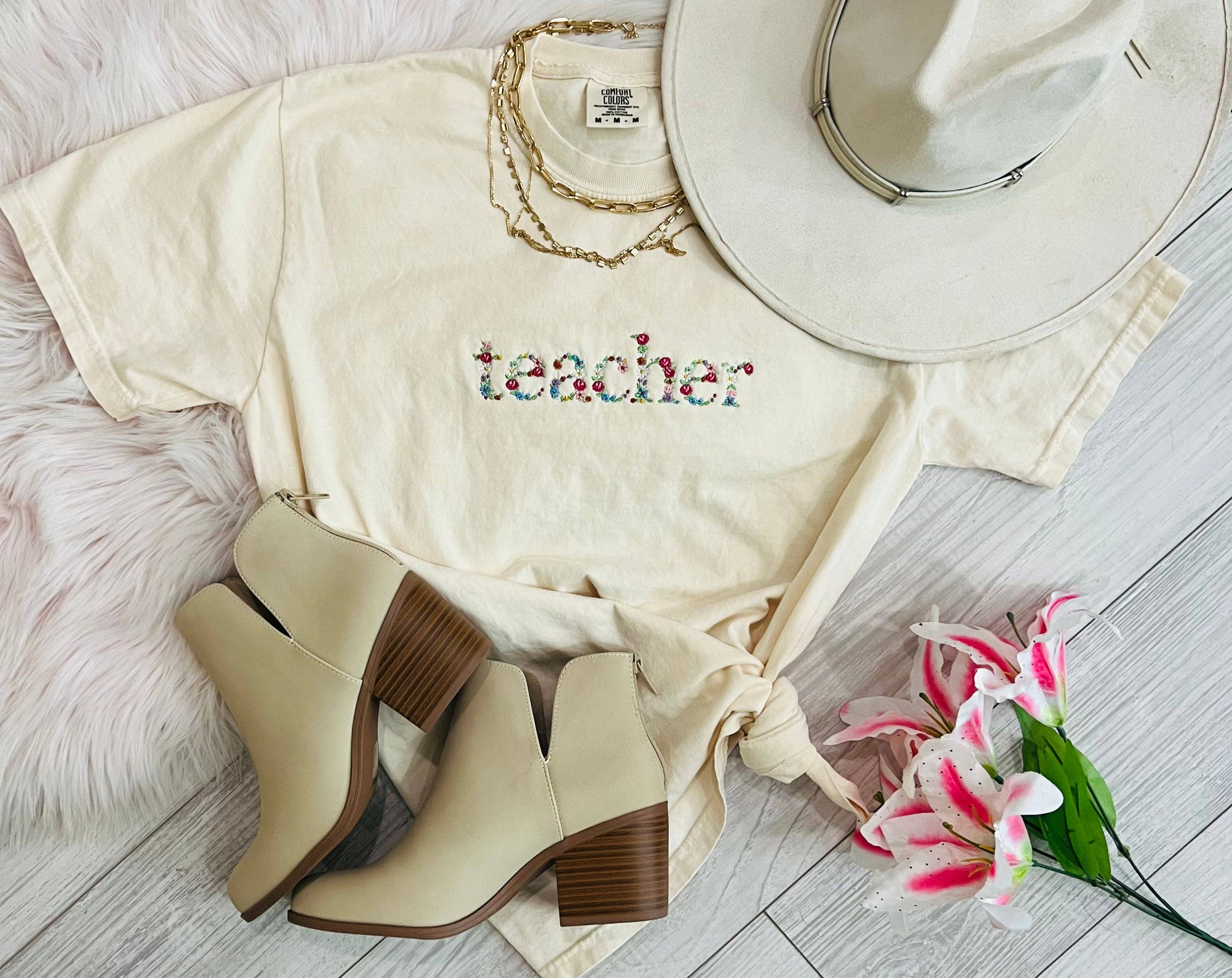 Teacher Floral Embroidered Tee Hoodie, Sweatshirt | PodTeesHub.com