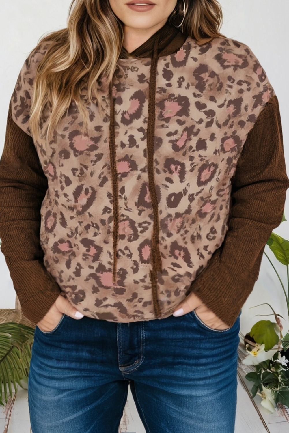 Plus Size Leopard Print Drawstring Pullover Hoodie T-Shirts, Sweatshirt | PodTeesHub.com