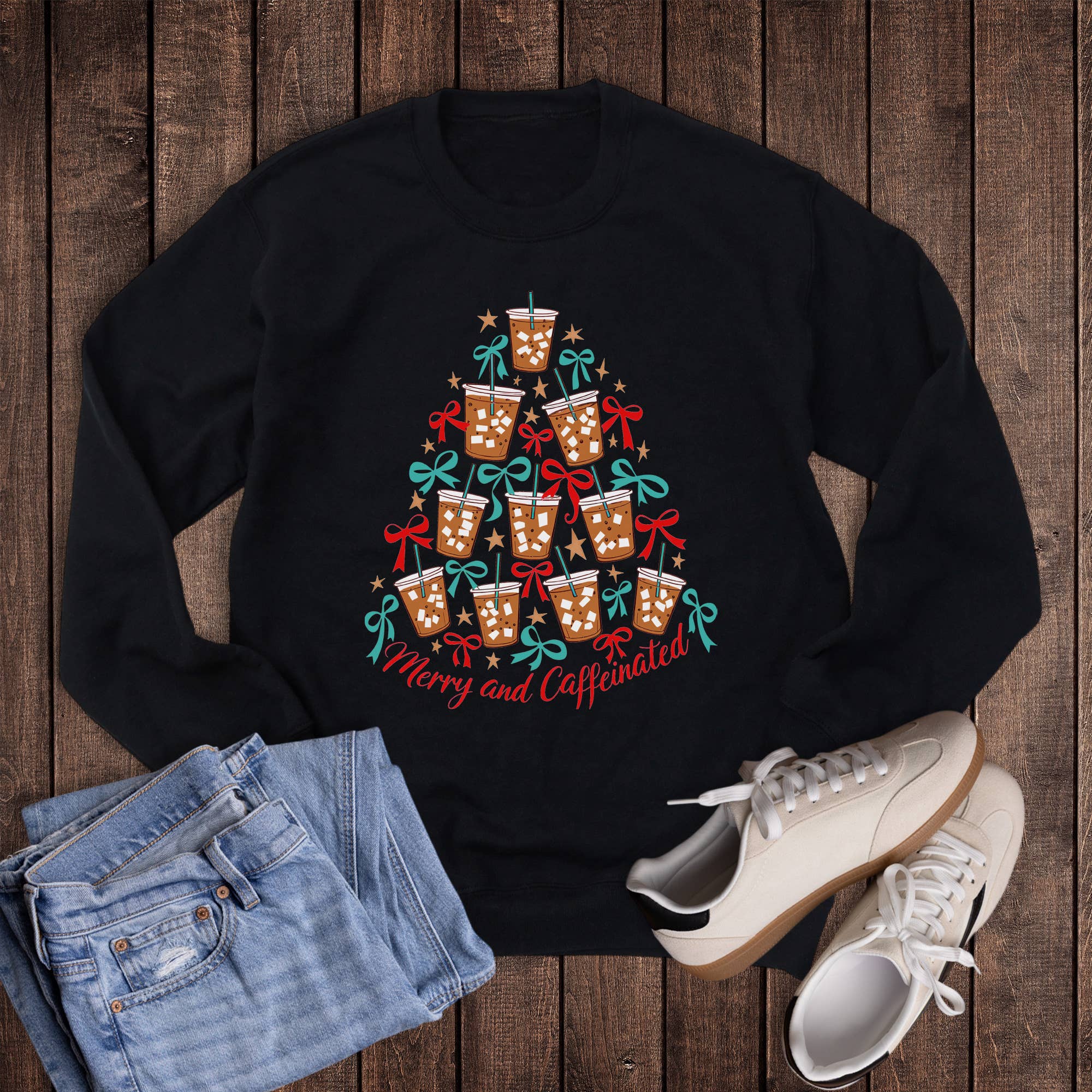 Christmas Tree Merry and Caffeinated Sweatshirt T-Shirts, Hoodie | PodTeesHub.com