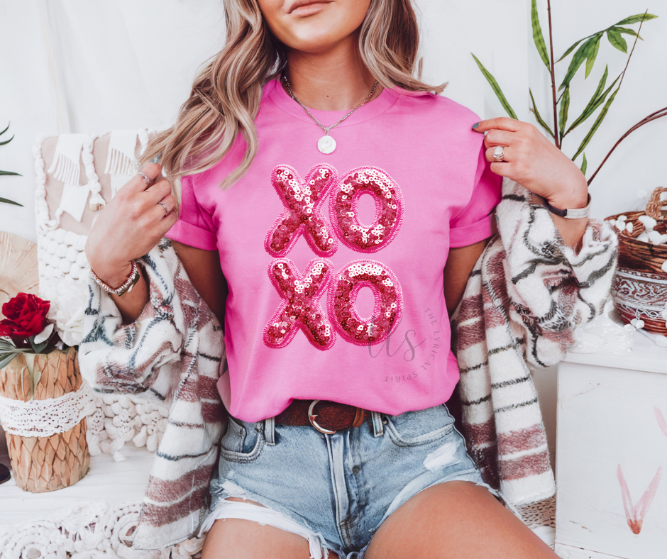 Xoxo Faux Sequin Valentine's T-Shirt Hoodie, Sweatshirt | PodTeesHub.com