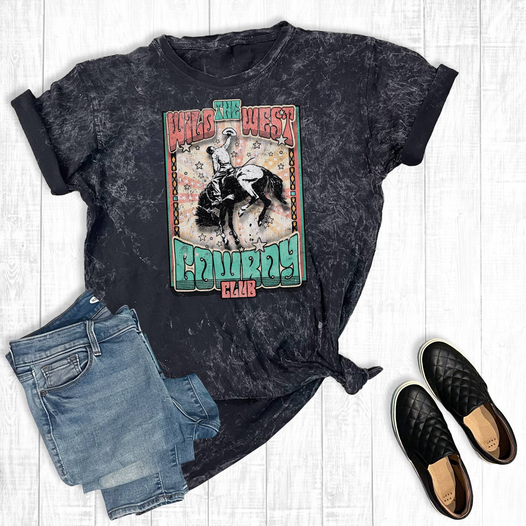 Western the Wild West Cowboy Club Mineral Wash Graphic Tee Hoodie, Sweatshirt | PodTeesHub.com