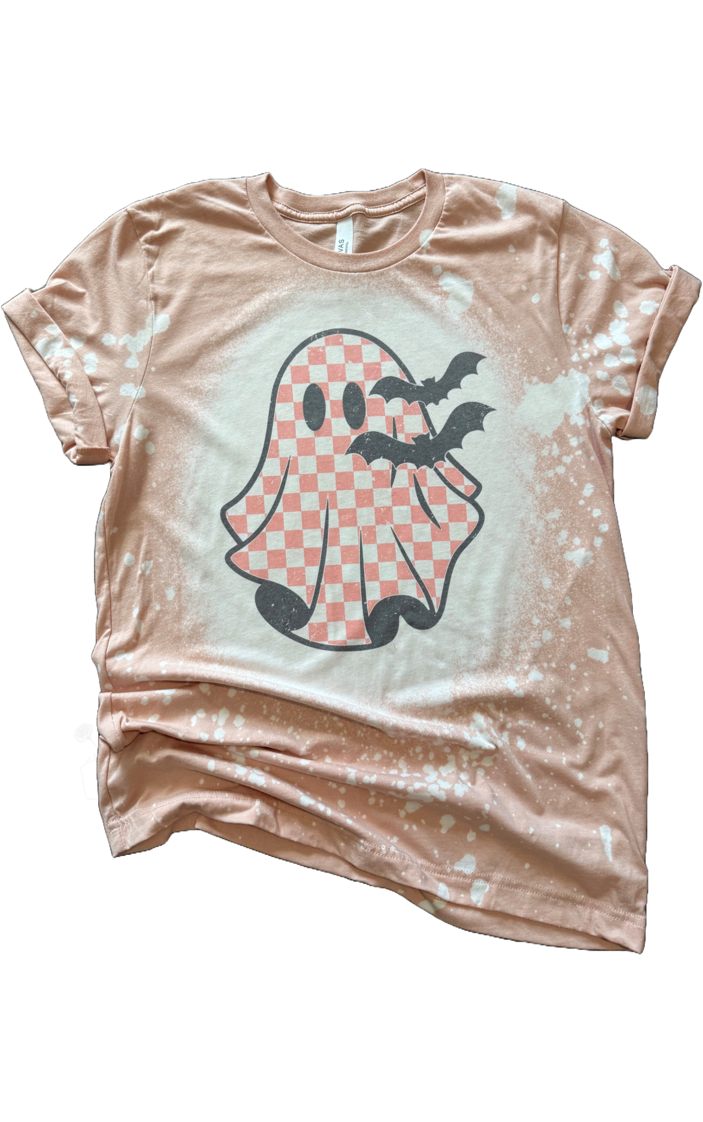Checkered Ghost + Bats Halloween Bleached Tee Hoodie, Sweatshirt | PodTeesHub.com