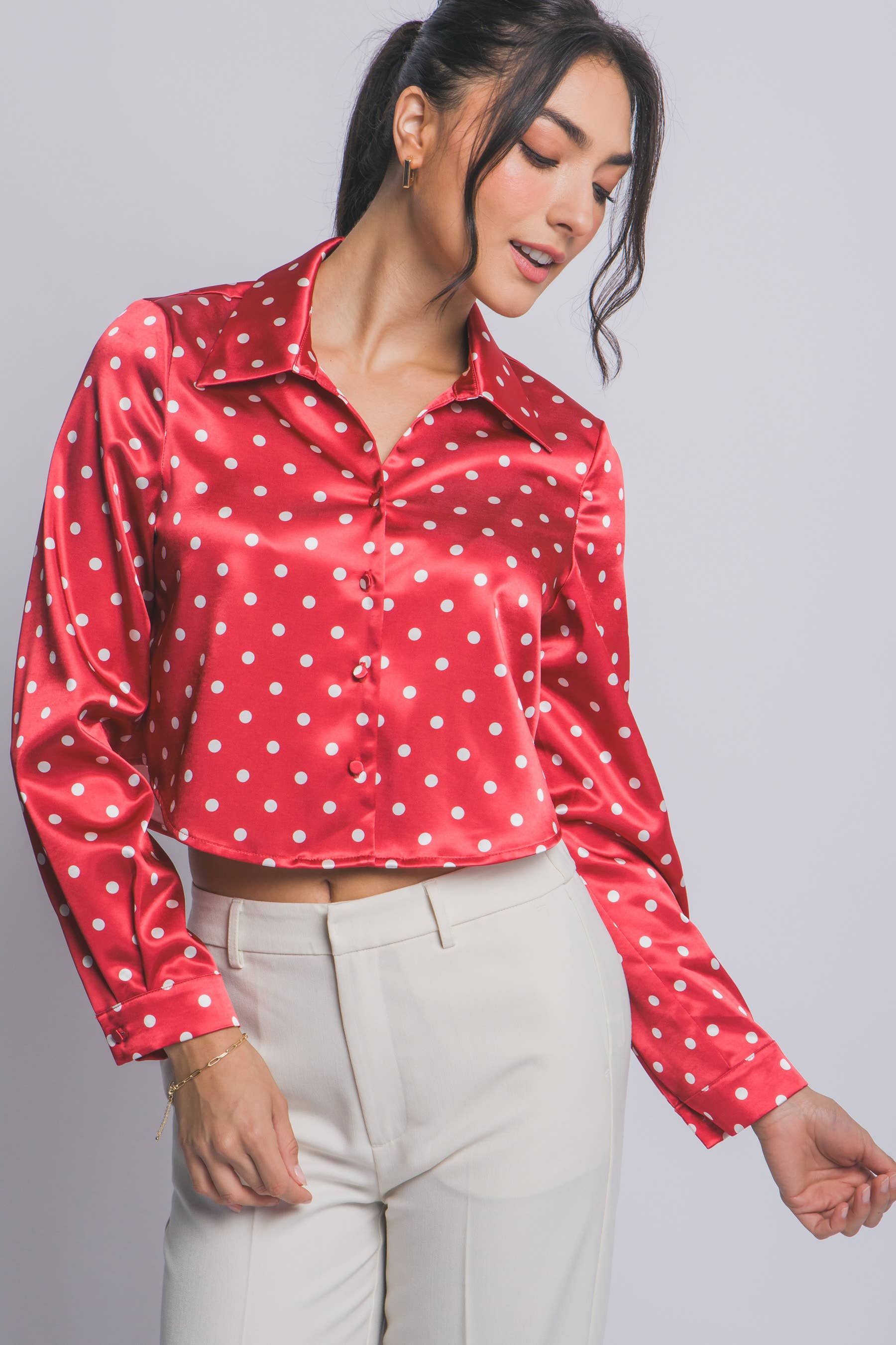 1212 Cropped Polka Dot Satin Shirt SI-29185 Hoodie, Sweatshirt | PodTeesHub.com