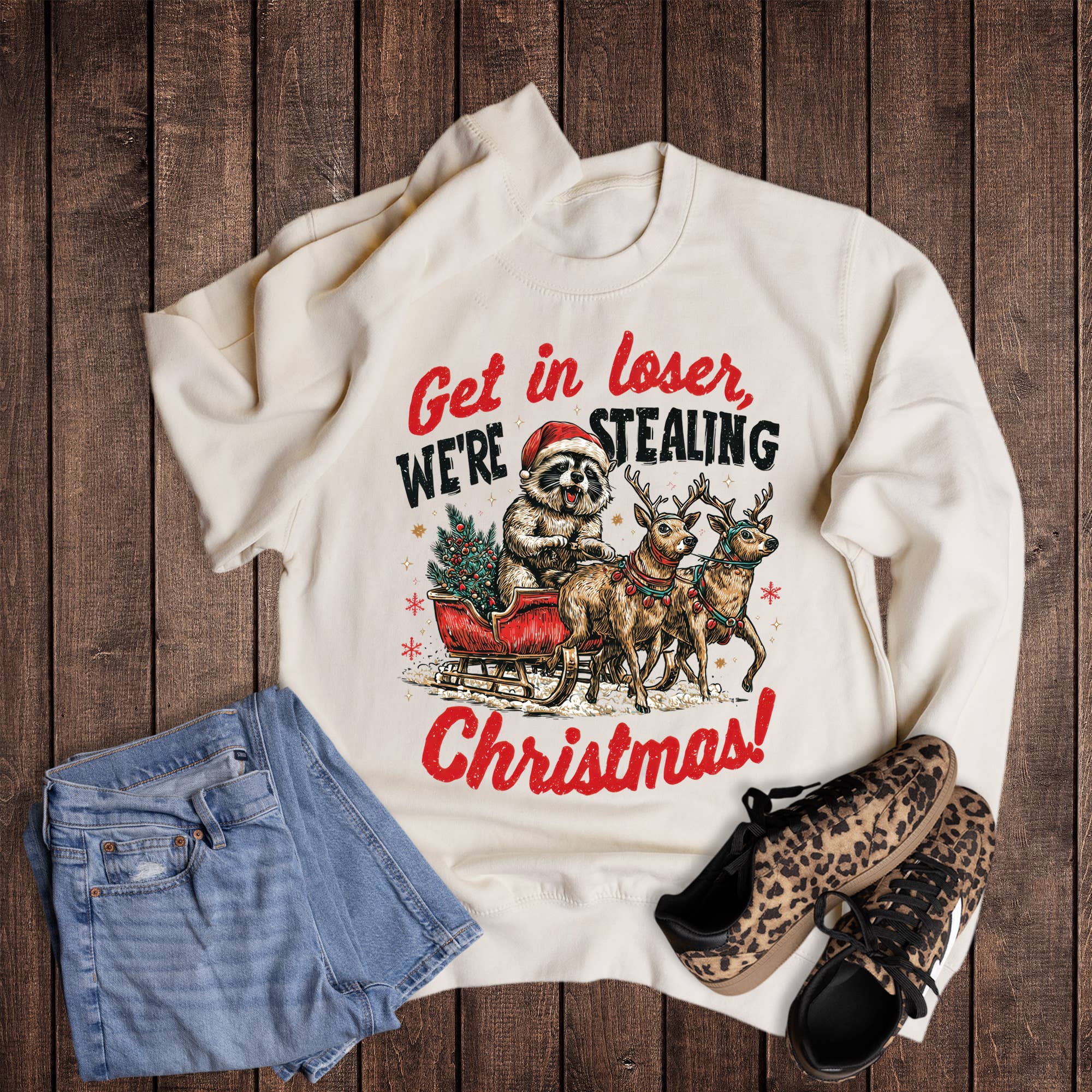 Christmas Raccoon Stealing Christmas Sweatshirt T-Shirts, Hoodie | PodTeesHub.com