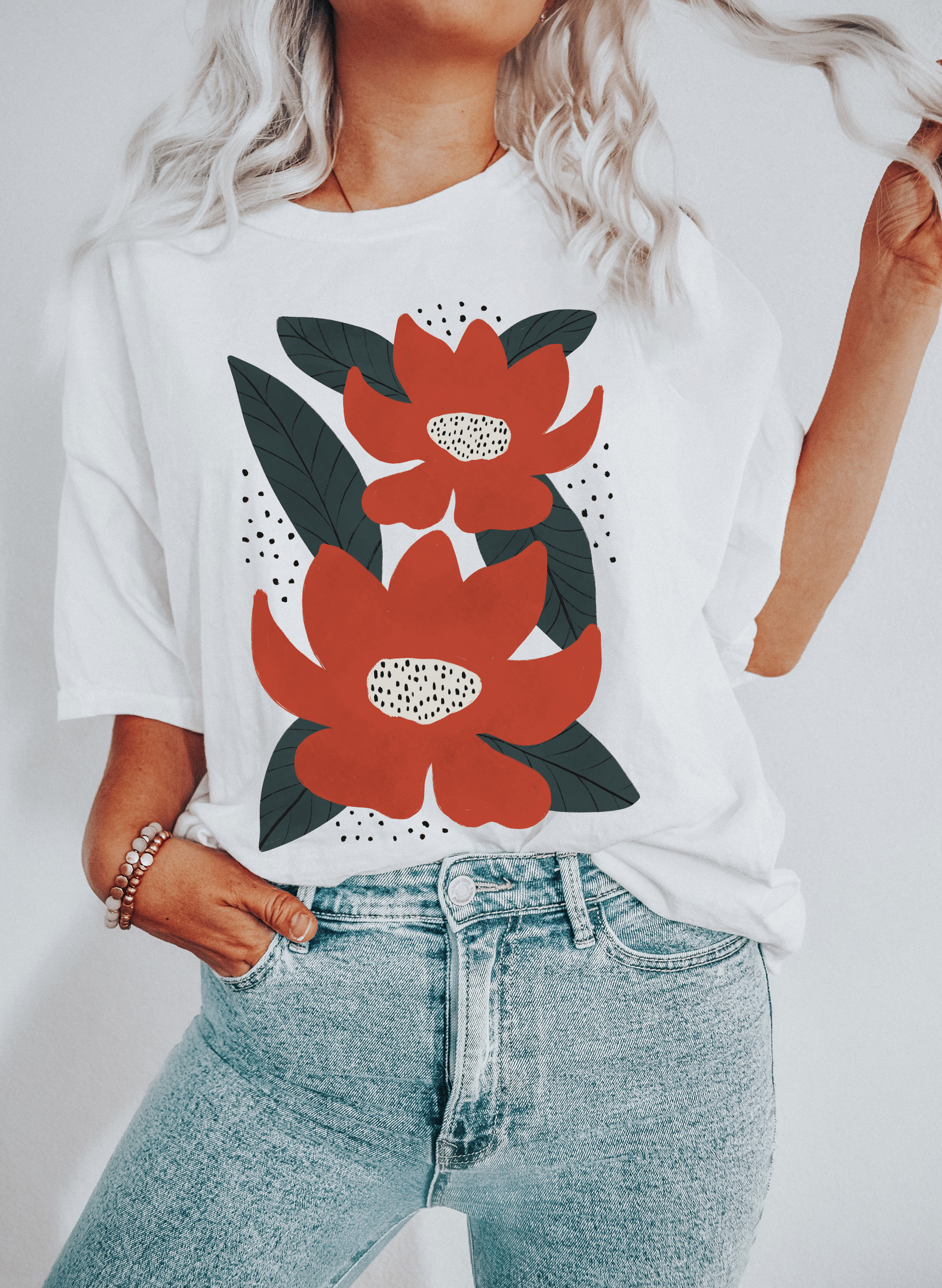 Boho Red Flowers and Leaves Botanical T-Shirt Hoodie, Sweatshirt | PodTeesHub.com