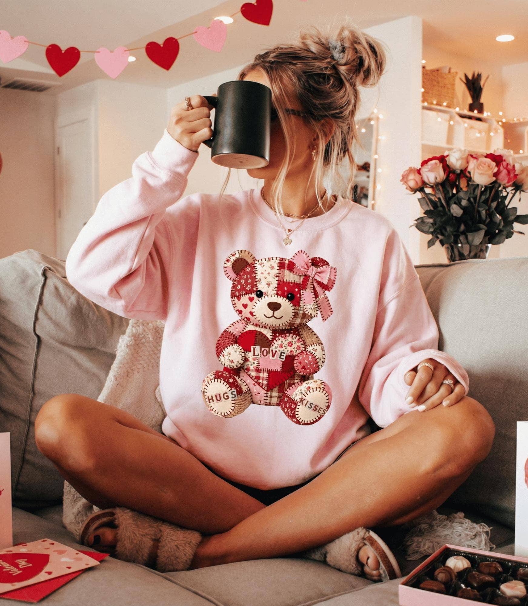 Patchwork Teddy Bear Valentine Graphic Tee Hoodie, Sweatshirt | PodTeesHub.com