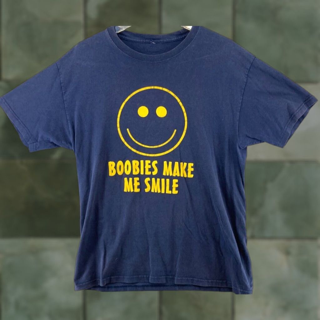 Vintage Boobies Make Me Smile Shirt S Blue Crew Neck Short Sleeve Cotton Blend M T-Shirts, Hoodie, Sweatshirt
