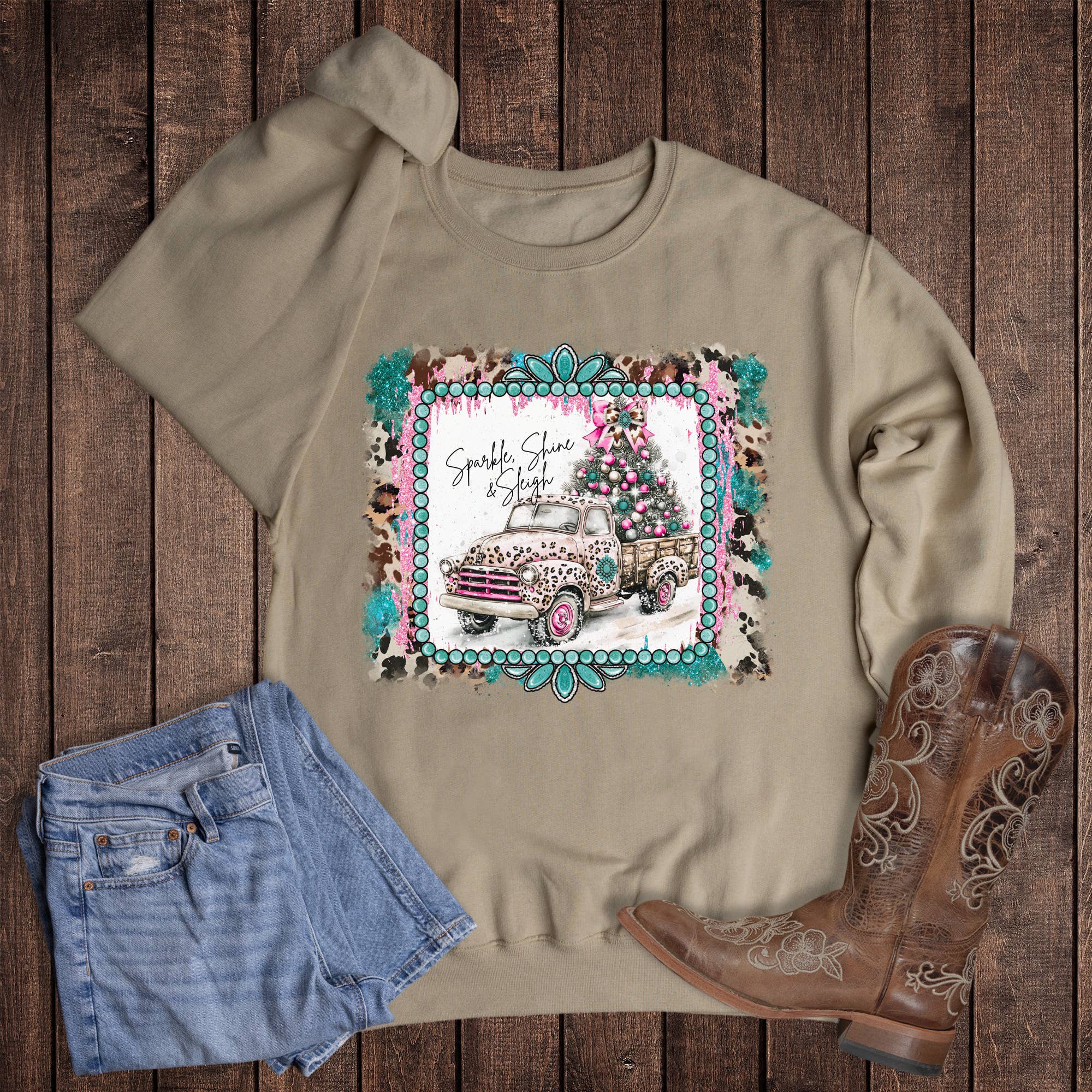 Christmas Western Turquoise Sparkle Shine Sleigh Sweatshirt T-Shirts, Hoodie | PodTeesHub.com