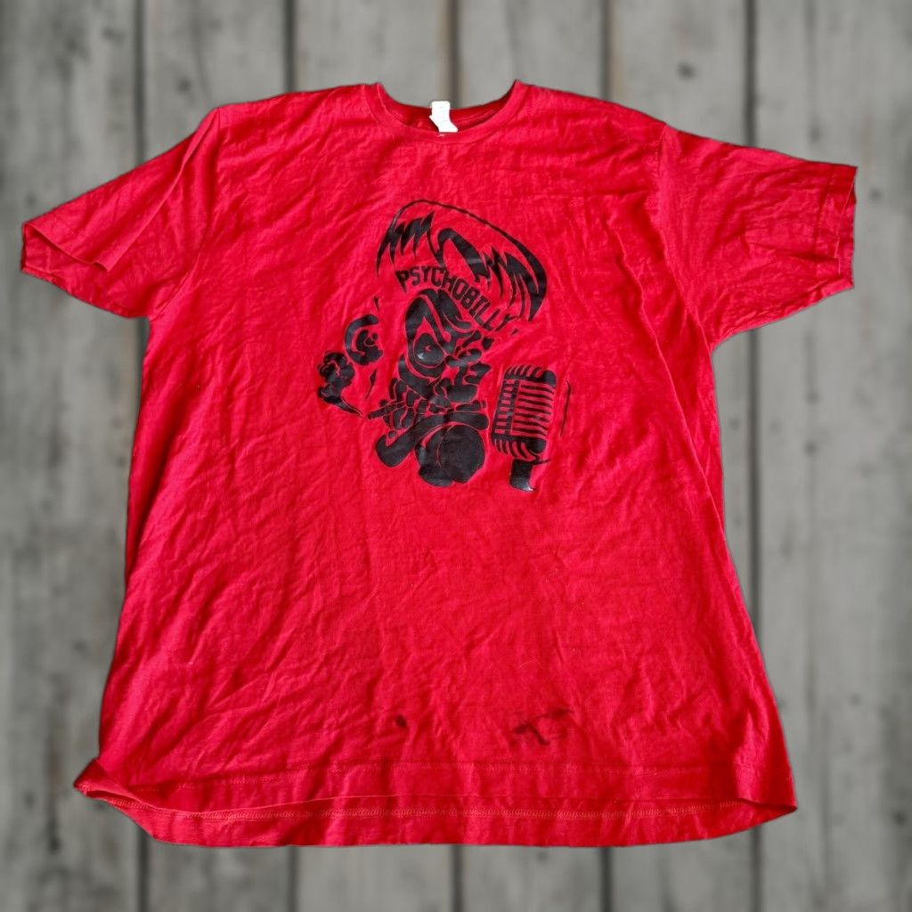 Vintage Xl Red Psychobilly Punk Tee Rockabilly Skull Microphone Horrorabilly Shirt Mens Xl Red Rocka Hoodie, Sweatshirt