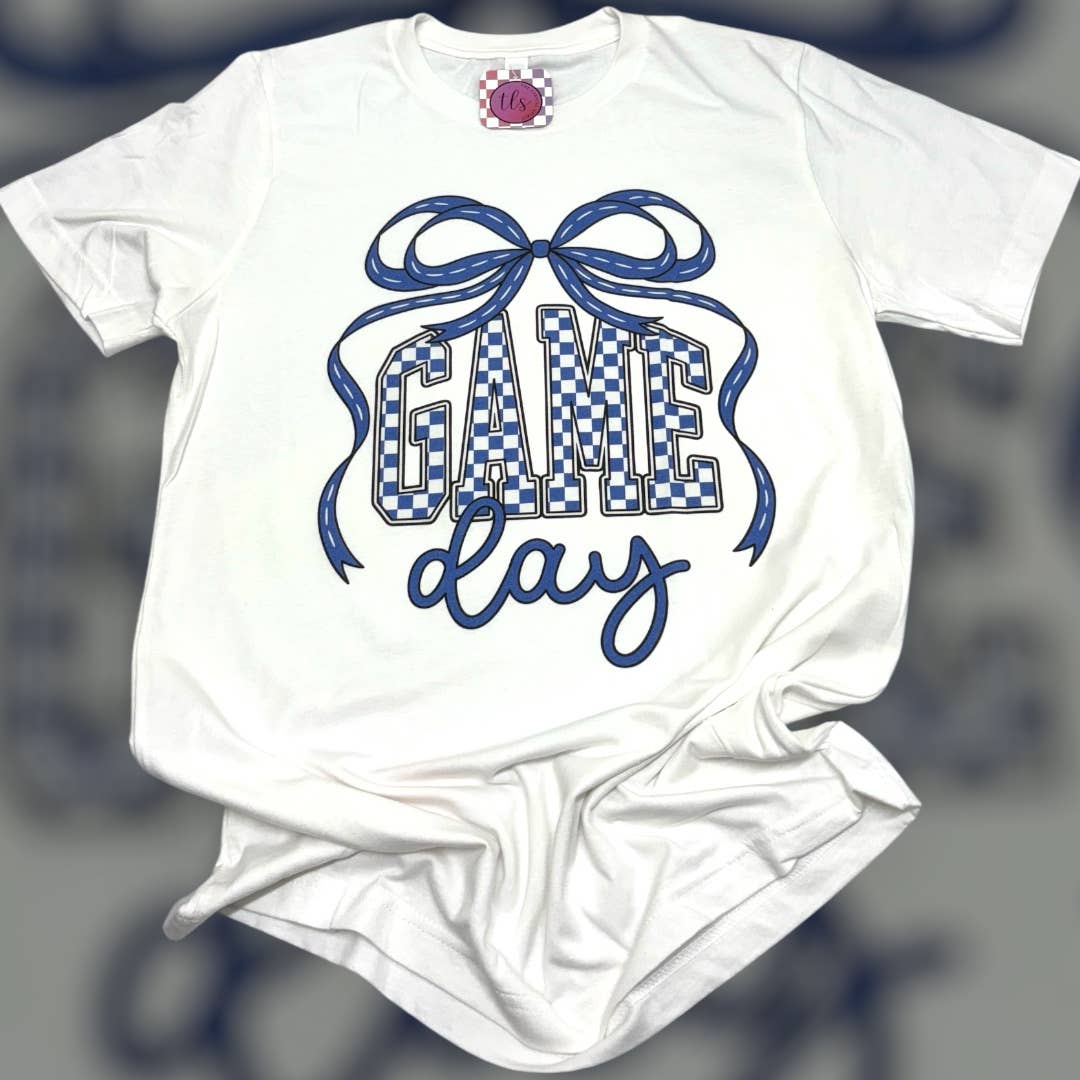 Game Day Blue Checkered Bow White T-Shirt Hoodie, Sweatshirt | PodTeesHub.com