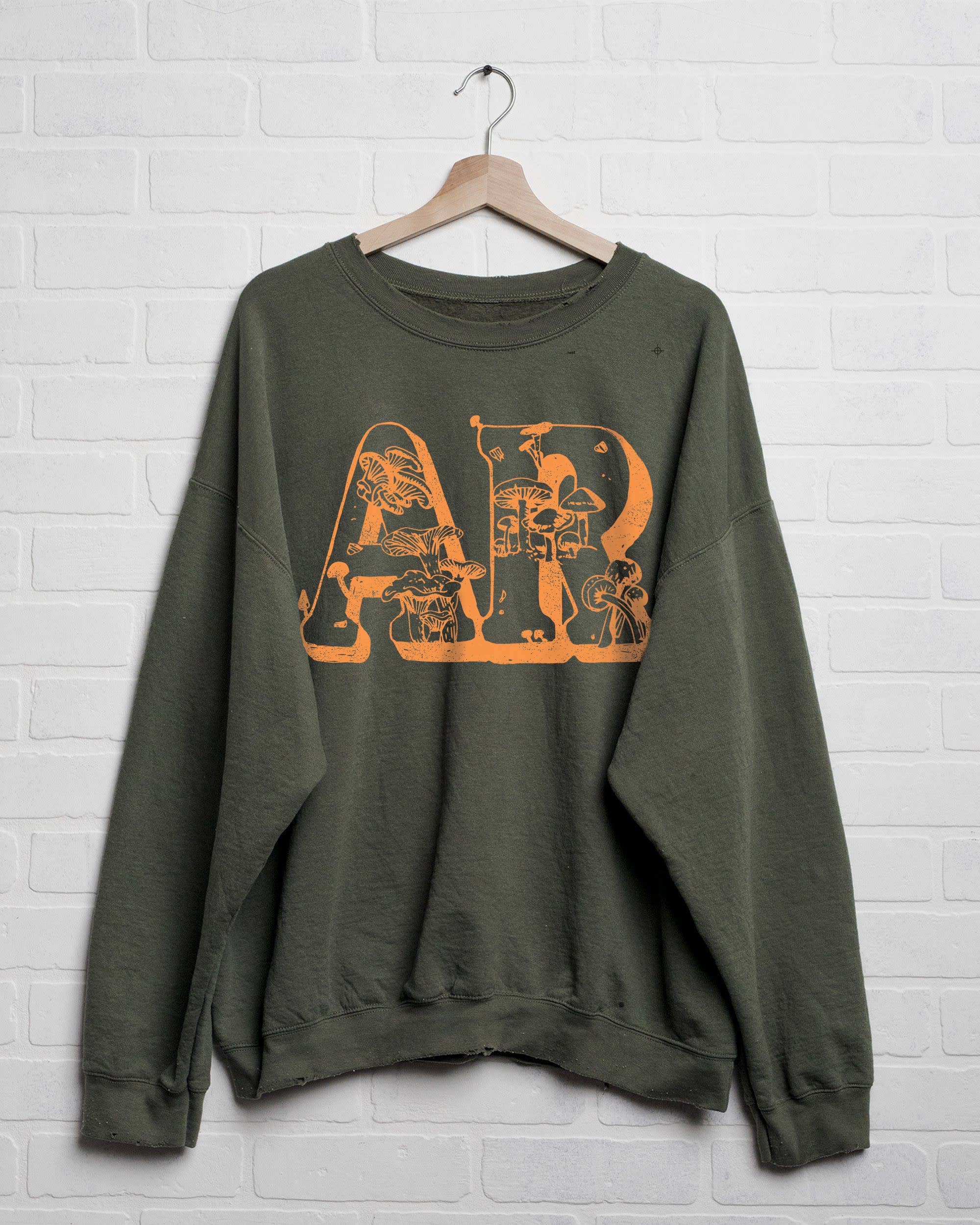 Arkansas Mushroom Military Green Thrifted Graphic Sweatshirt T-Shirts, Hoodie | PodTeesHub.com