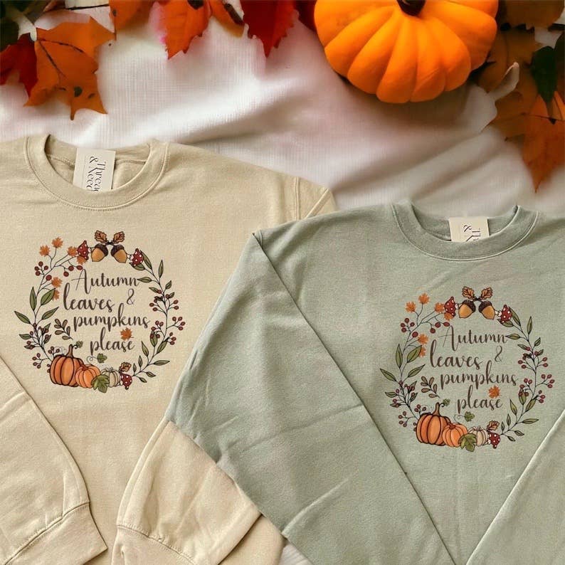 Autumn Leaves & Pumpkin Please Crewneck Sweatshirt T-Shirts, Hoodie | PodTeesHub.com