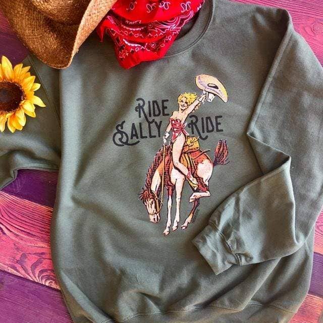 Ride Sally Ride Sweatshirt- Military Green Crew Neck T-Shirts, Hoodie | PodTeesHub.com