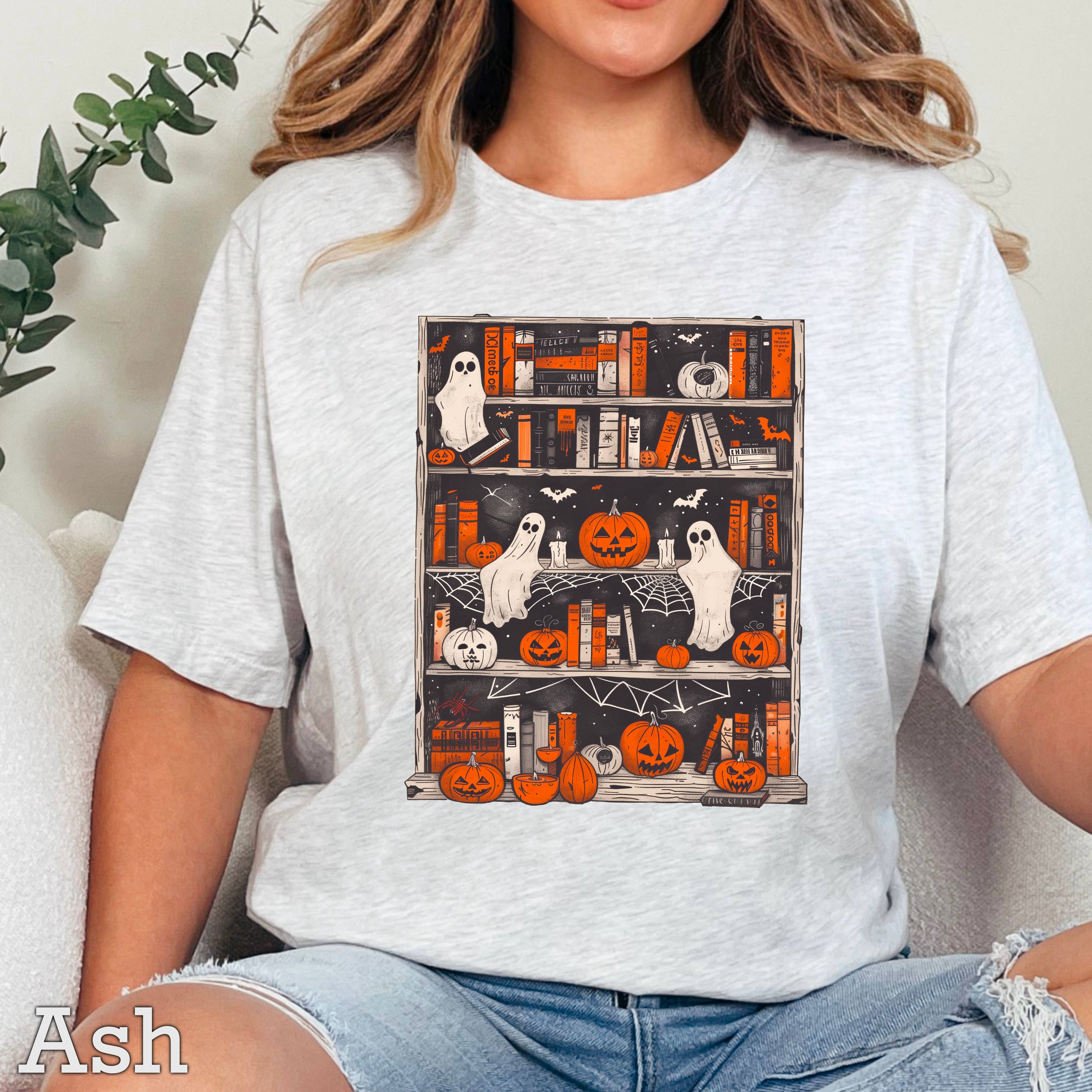 Halloween 2025 Ghost Bookcase Women’S Graphic Tee | Gildan Hoodie, Sweatshirt | PodTeesHub.com