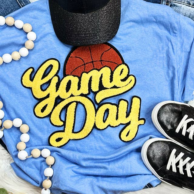 Basketball Yellow Game Day Chenille Patch Everyday Tee Hoodie, Sweatshirt | PodTeesHub.com