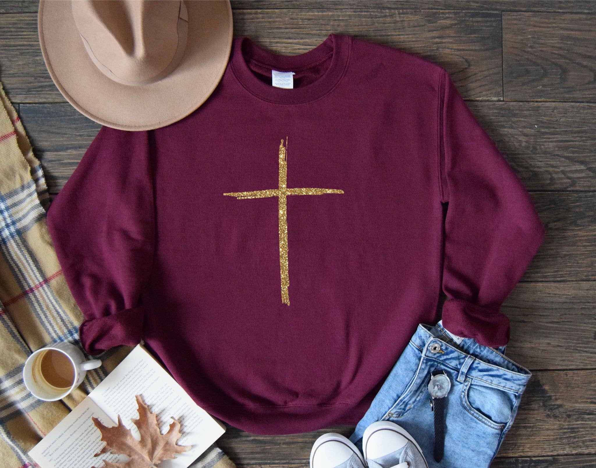 Top Selling Gold Cross Maroon Cozy Faith Graphic Sweatshirt T-Shirts, Hoodie | PodTeesHub.com