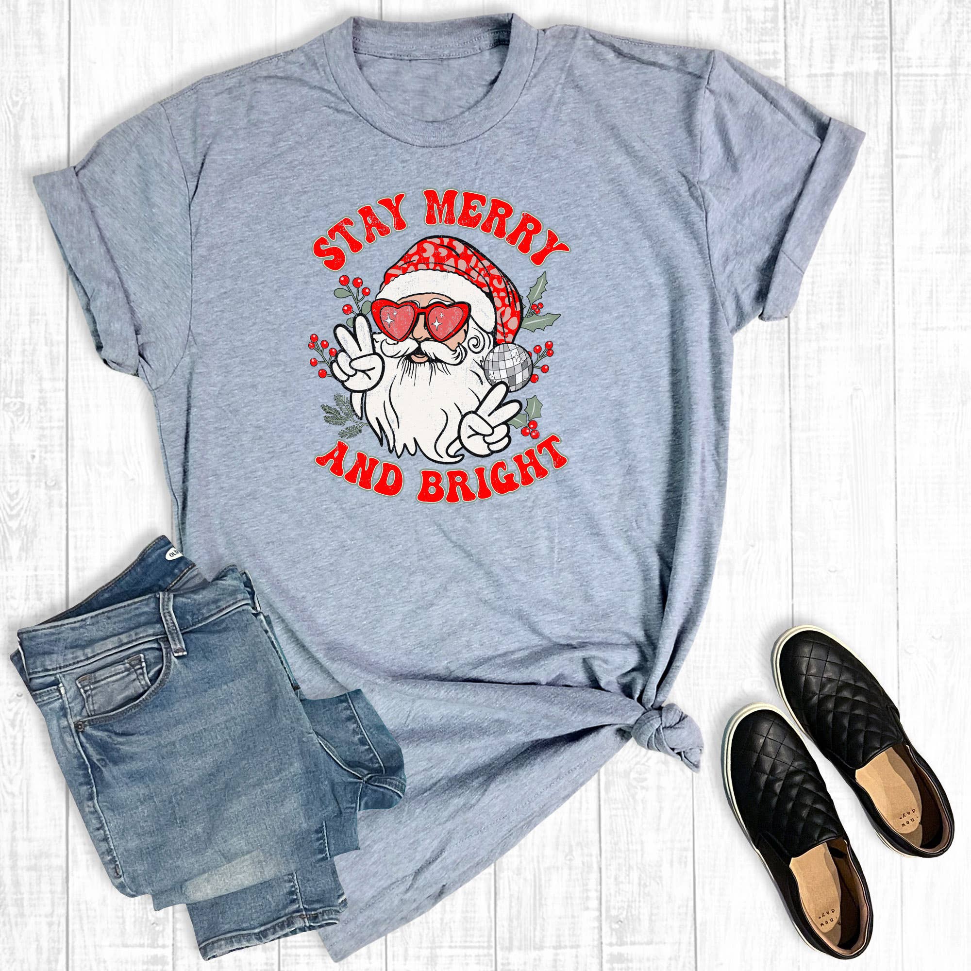 Retro Christmas Santa Stay Merry and Bright Graphic Tee Hoodie, Sweatshirt | PodTeesHub.com