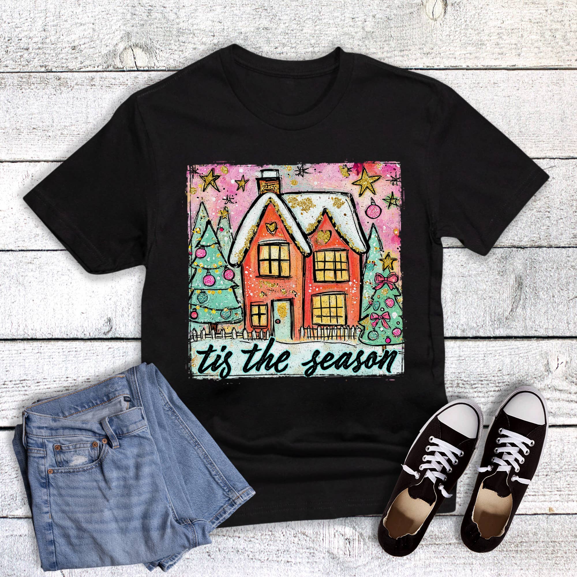 Christmas Glittery Watercolor Tis the Season Graphic Tee Hoodie, Sweatshirt | PodTeesHub.com