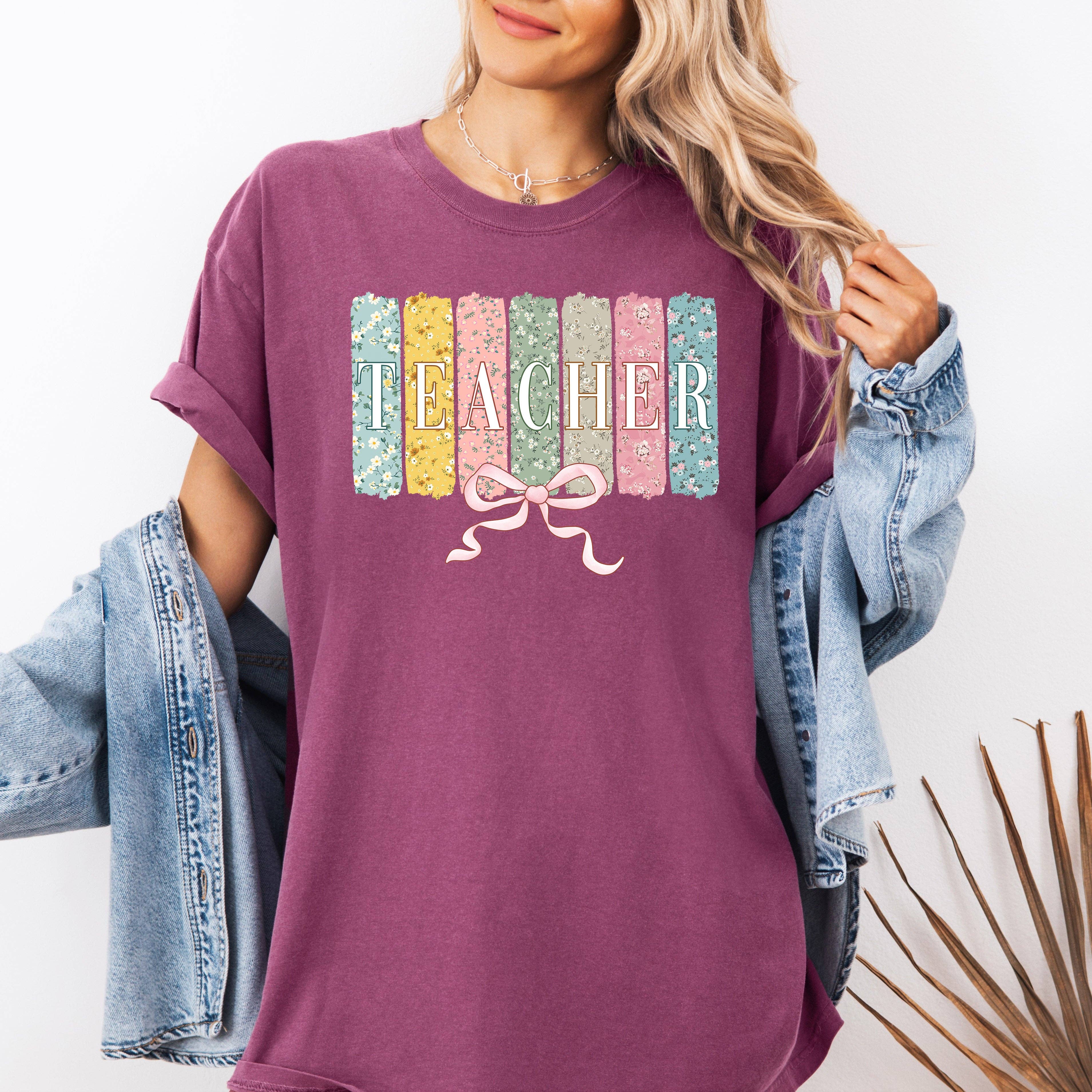 Teacher, Wildflowers, Bow, Back To School Cute T-Shirt Hoodie, Sweatshirt | PodTeesHub.com