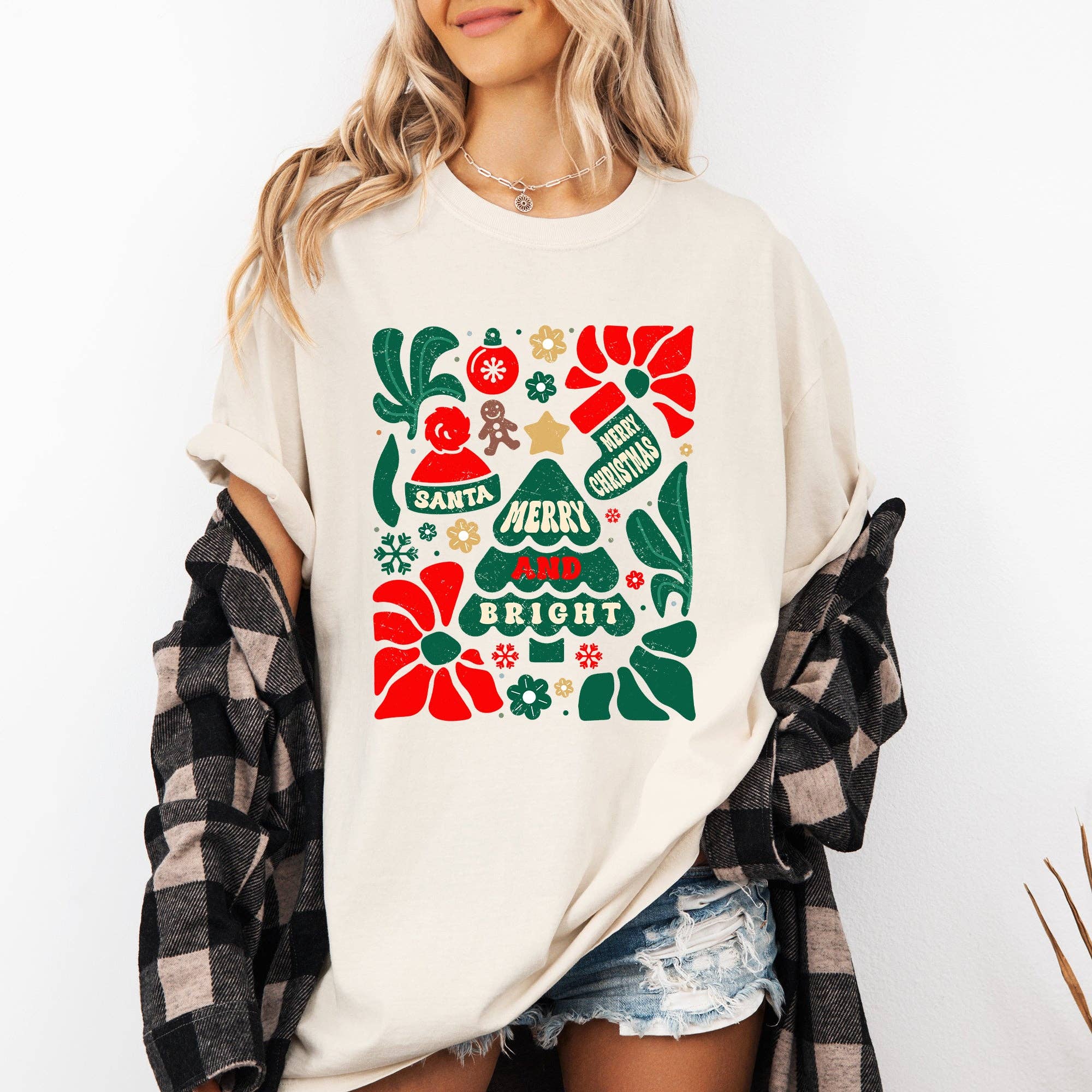 Red Merry and Bright, Merry Christmas, Flowers Floral Tshirt Hoodie, Sweatshirt | PodTeesHub.com
